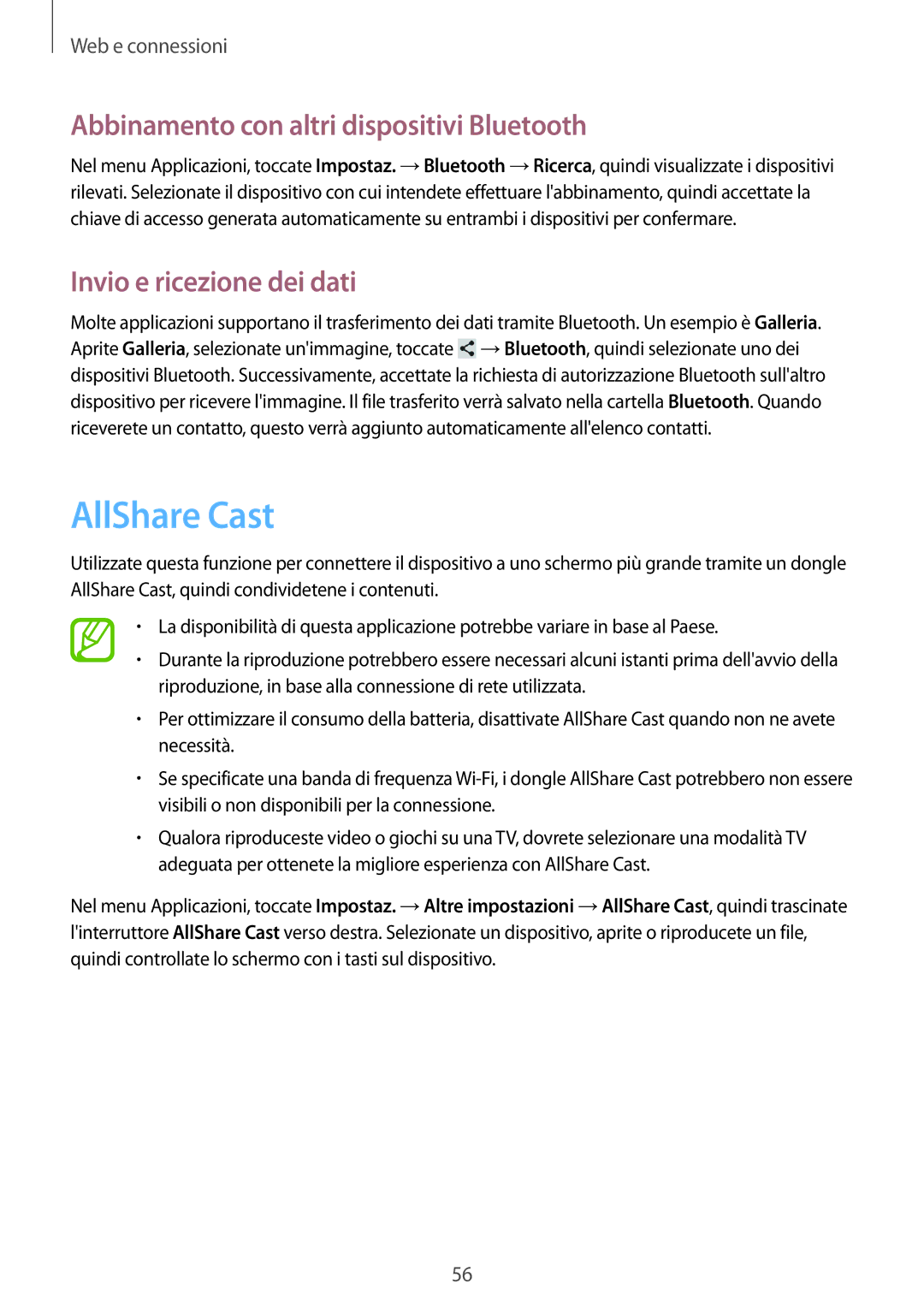 Samsung GT-N5110ZWATUR manual AllShare Cast, Abbinamento con altri dispositivi Bluetooth, Invio e ricezione dei dati 