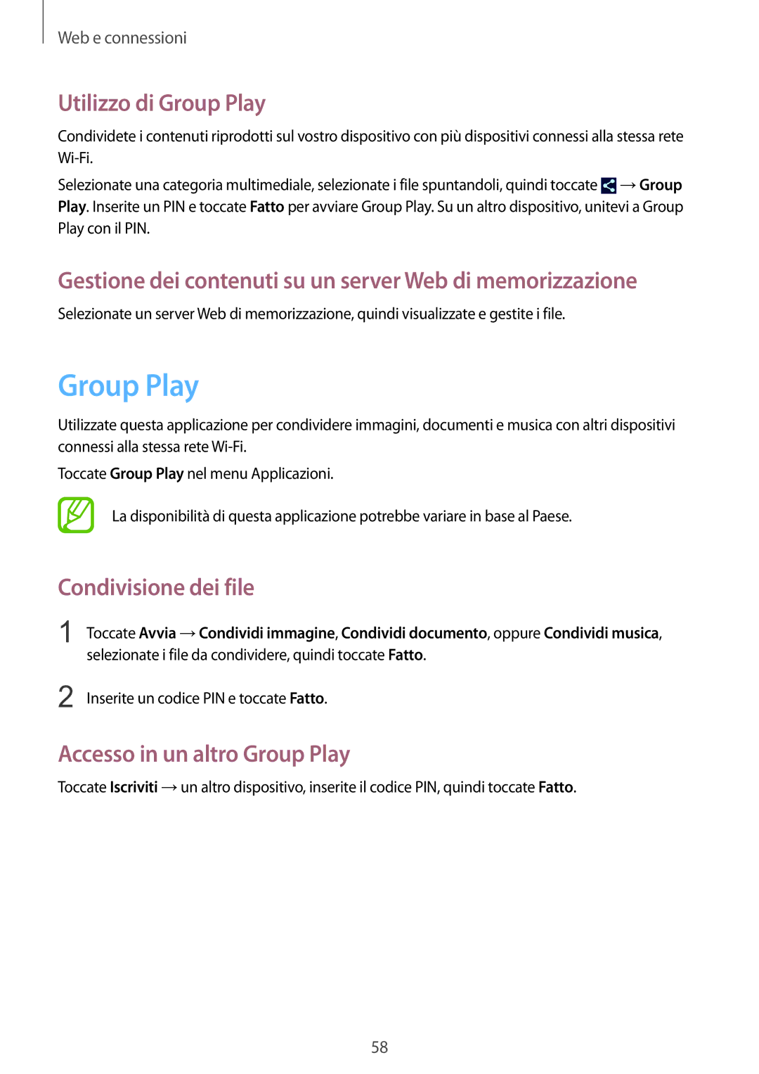 Samsung GT-N5110ZWATUR manual Utilizzo di Group Play, Gestione dei contenuti su un server Web di memorizzazione 