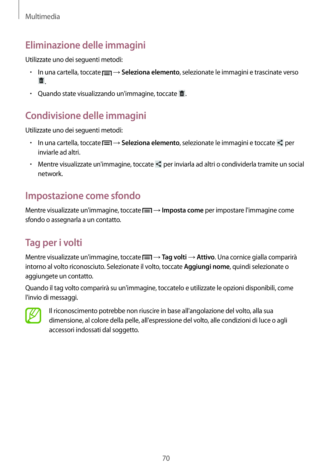 Samsung GT-N5110ZWATUR Eliminazione delle immagini, Condivisione delle immagini, Impostazione come sfondo, Tag per i volti 