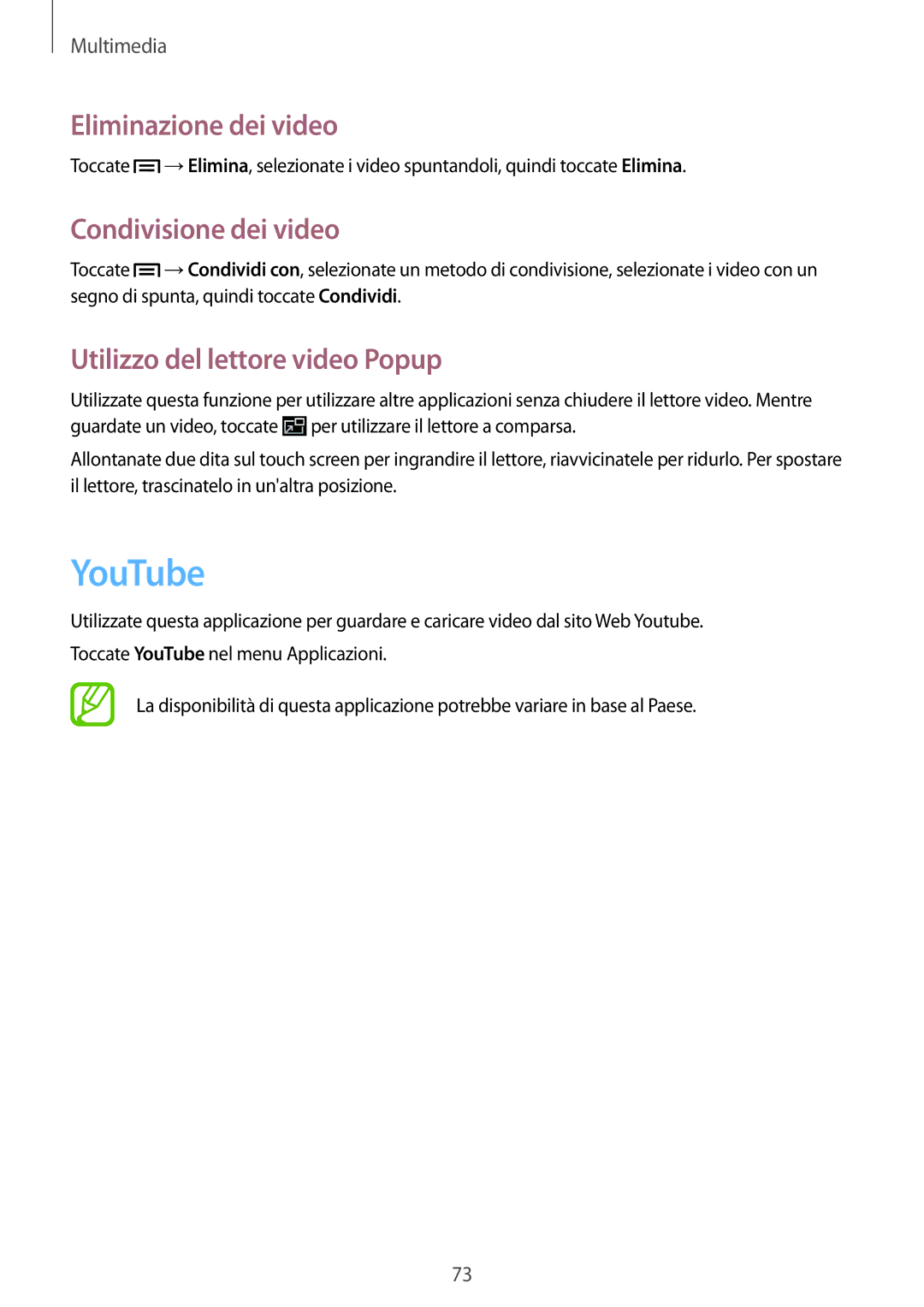 Samsung GT-N5110ZWAITV manual YouTube, Eliminazione dei video, Condivisione dei video, Utilizzo del lettore video Popup 