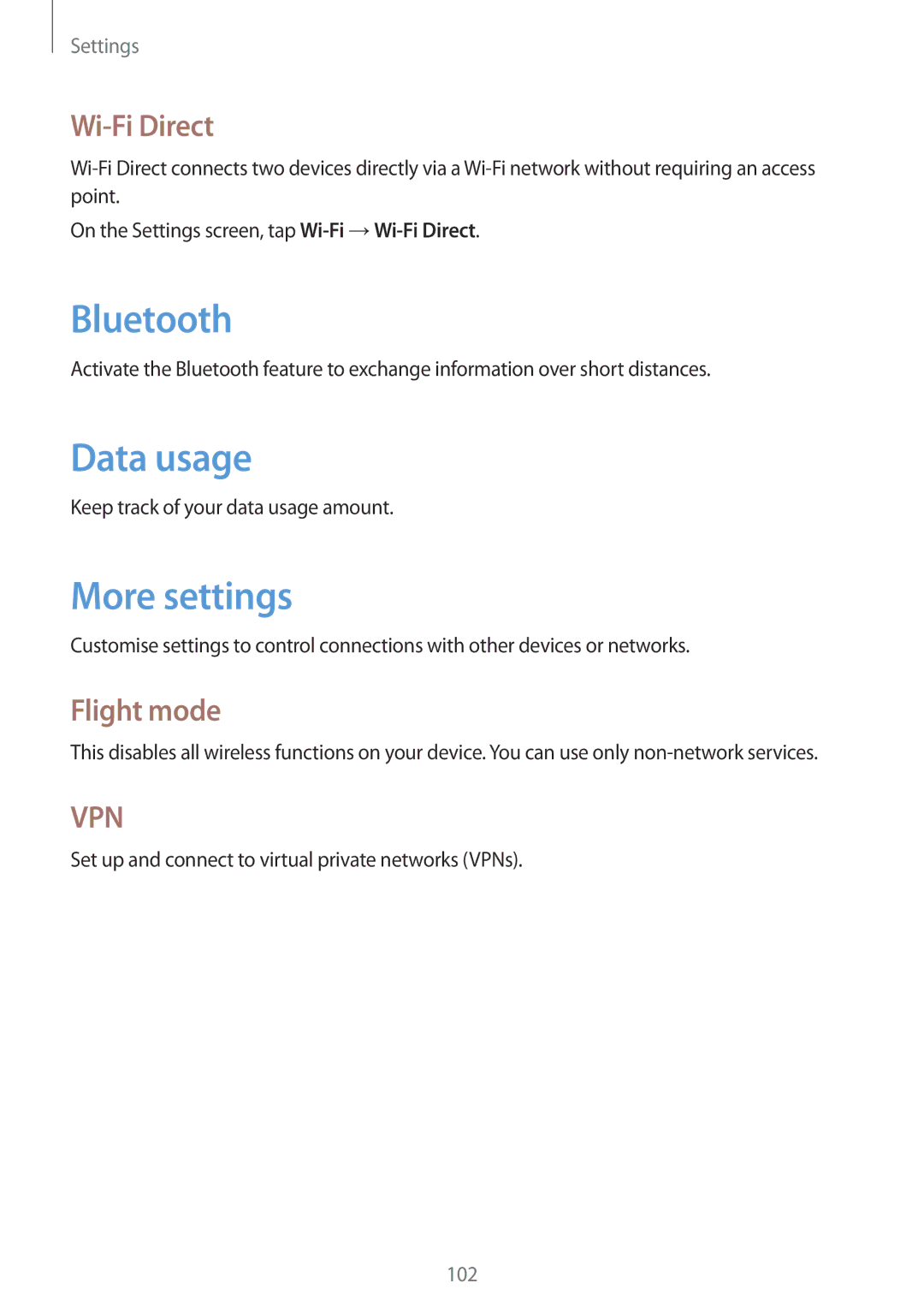 Samsung GT-N5110ZWASEE, GT-N5110ZWEXEF, GT-N5110ZWAXEF, GT-N5110NKAXEF Data usage, More settings, Wi-Fi Direct, Flight mode 