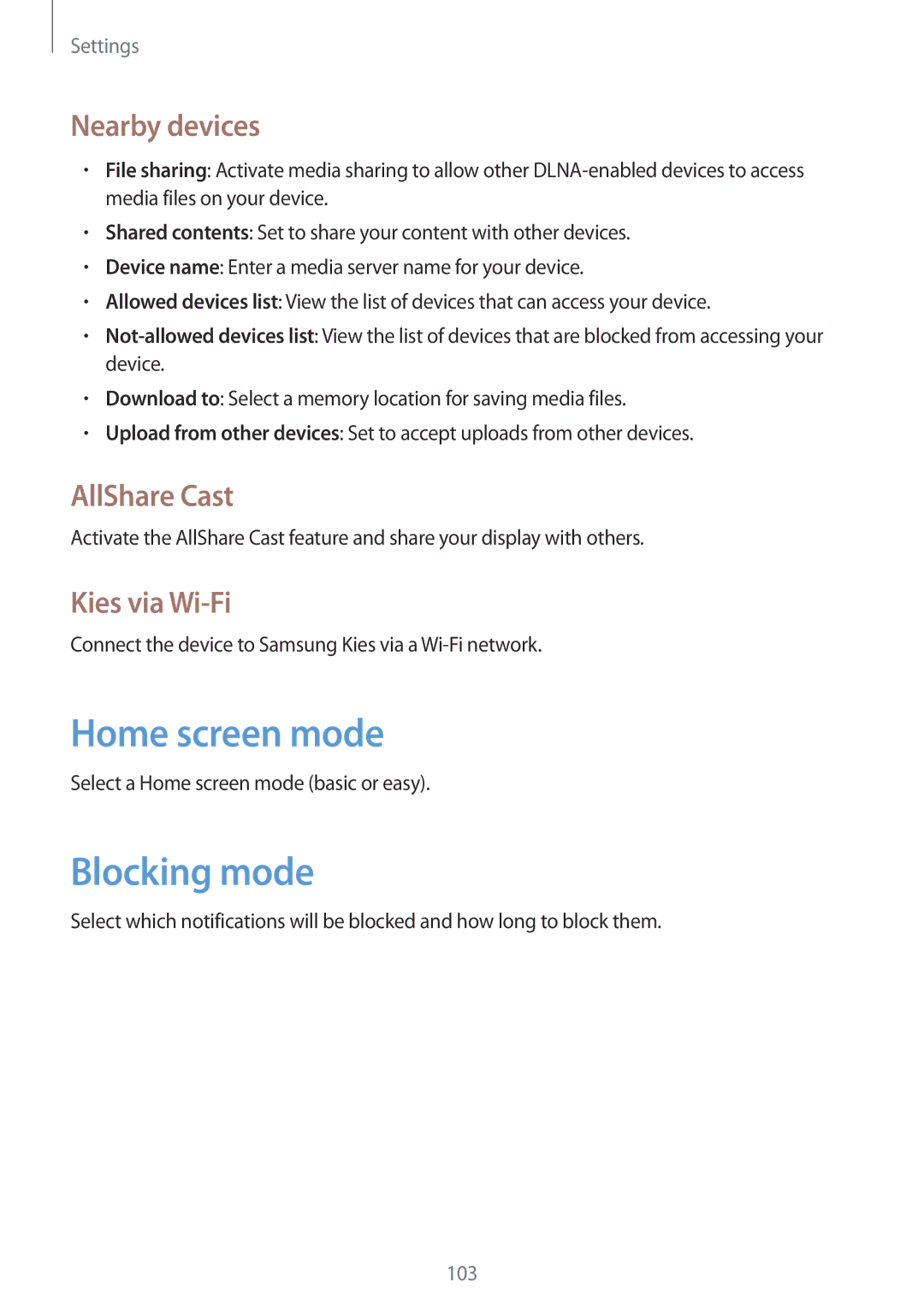 Samsung GT-N5110NKAPHE, GT-N5110ZWEXEF manual Home screen mode, Blocking mode, Nearby devices, AllShare Cast, Kies via Wi-Fi 