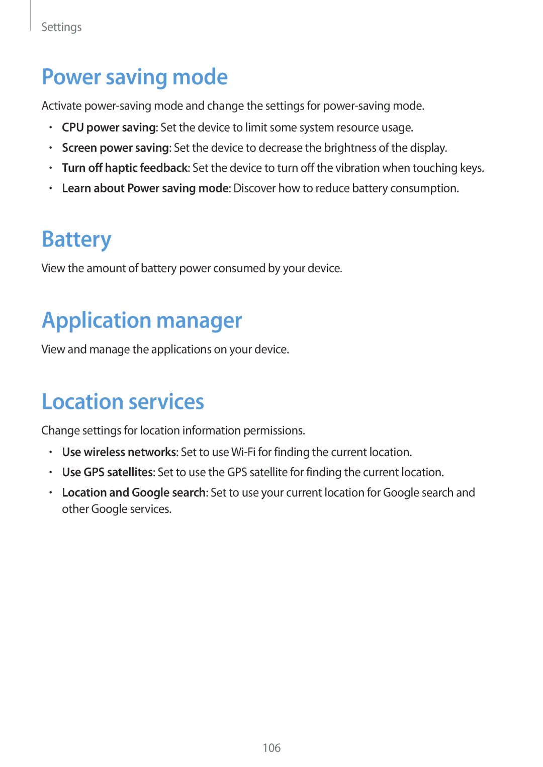 Samsung GT-N5110ZWAXSK, GT-N5110ZWEXEF, GT-N5110ZWAXEF Power saving mode, Battery, Application manager, Location services 