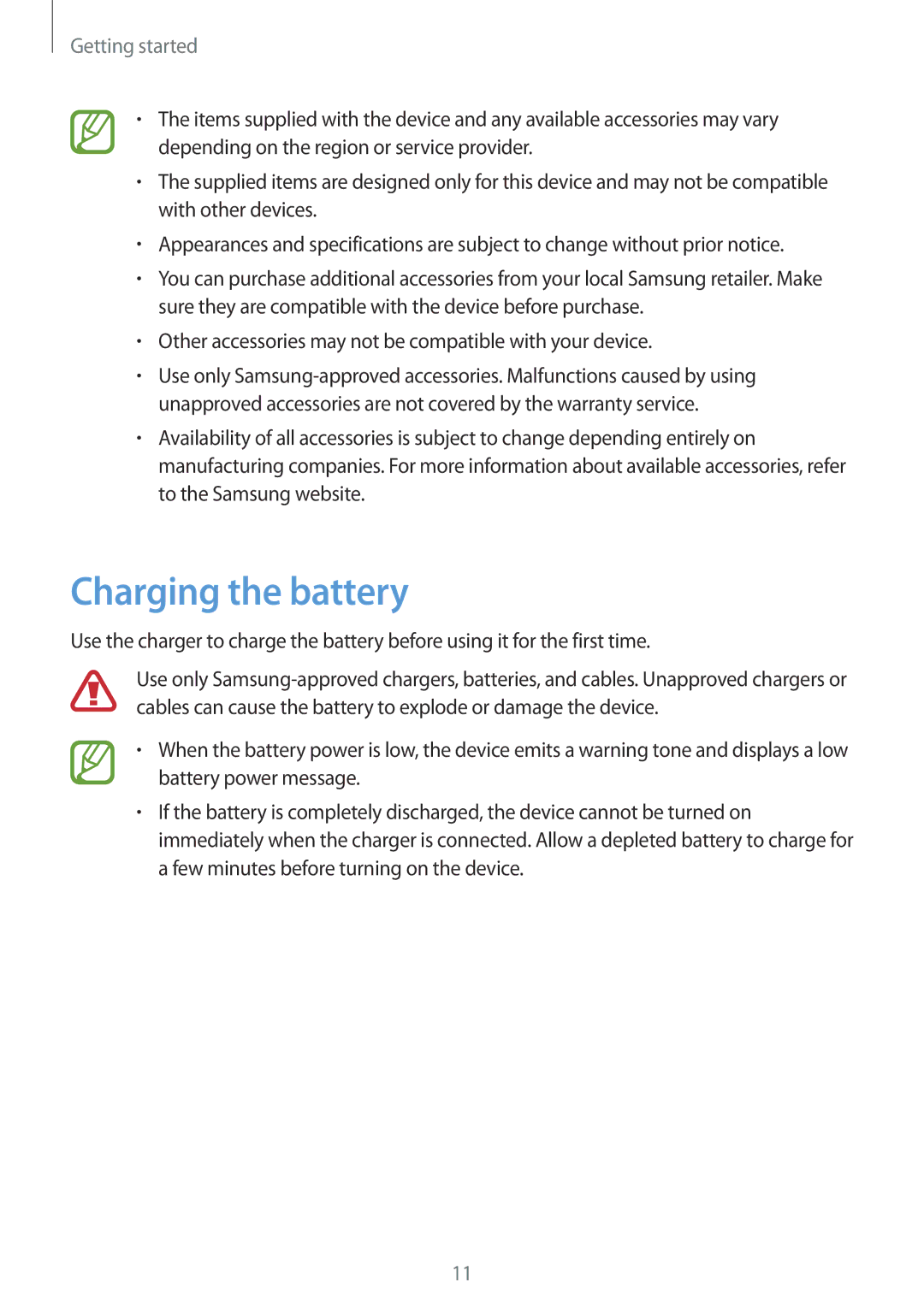 Samsung GT-N5110ZWAEUR, GT-N5110ZWEXEF manual Charging the battery, Other accessories may not be compatible with your device 