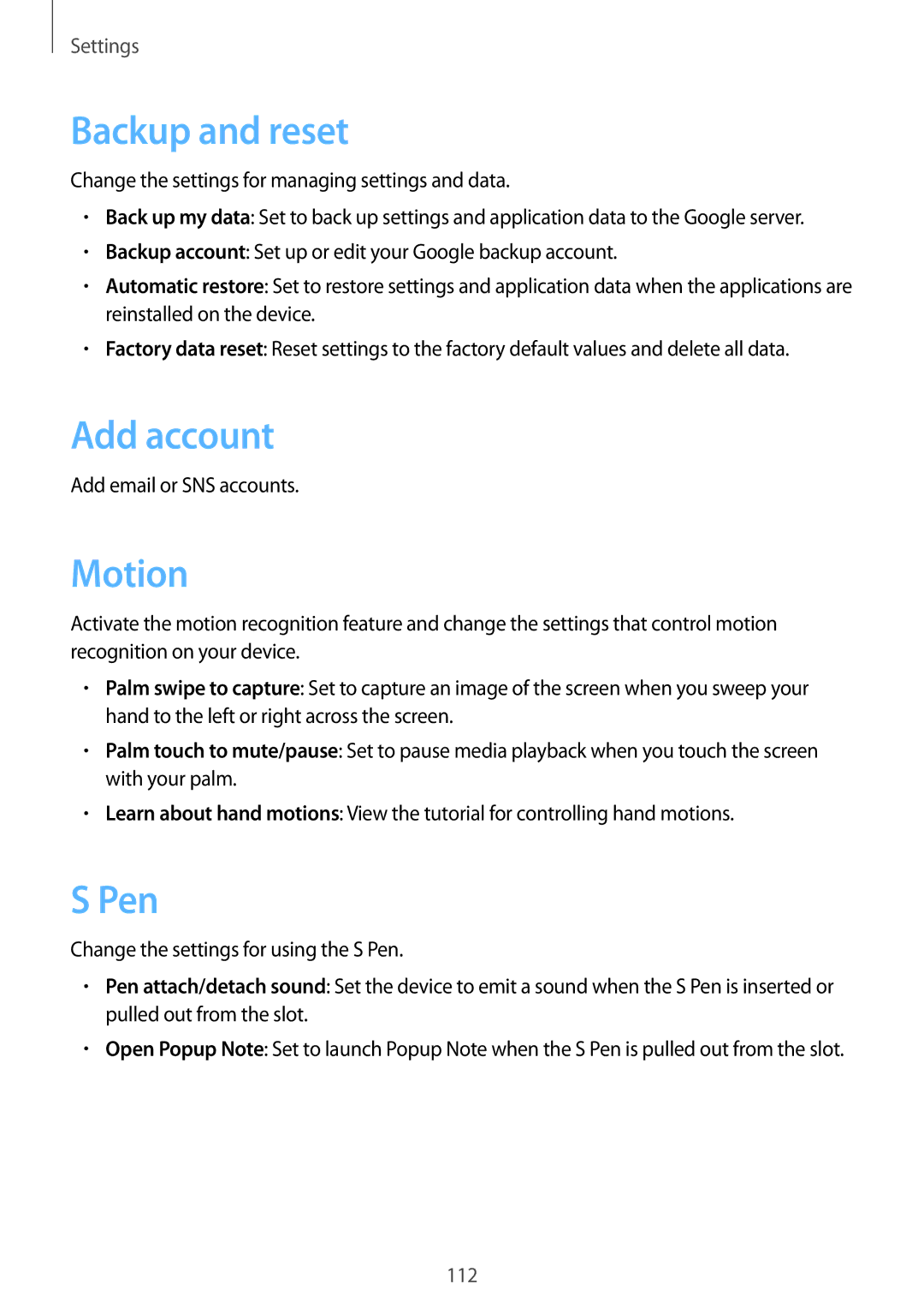 Samsung GT-N5110NKAATO, GT-N5110ZWEXEF, GT-N5110ZWAXEF, GT-N5110NKAXEF, GT-N5110ZWATUR Backup and reset, Add account, Motion 