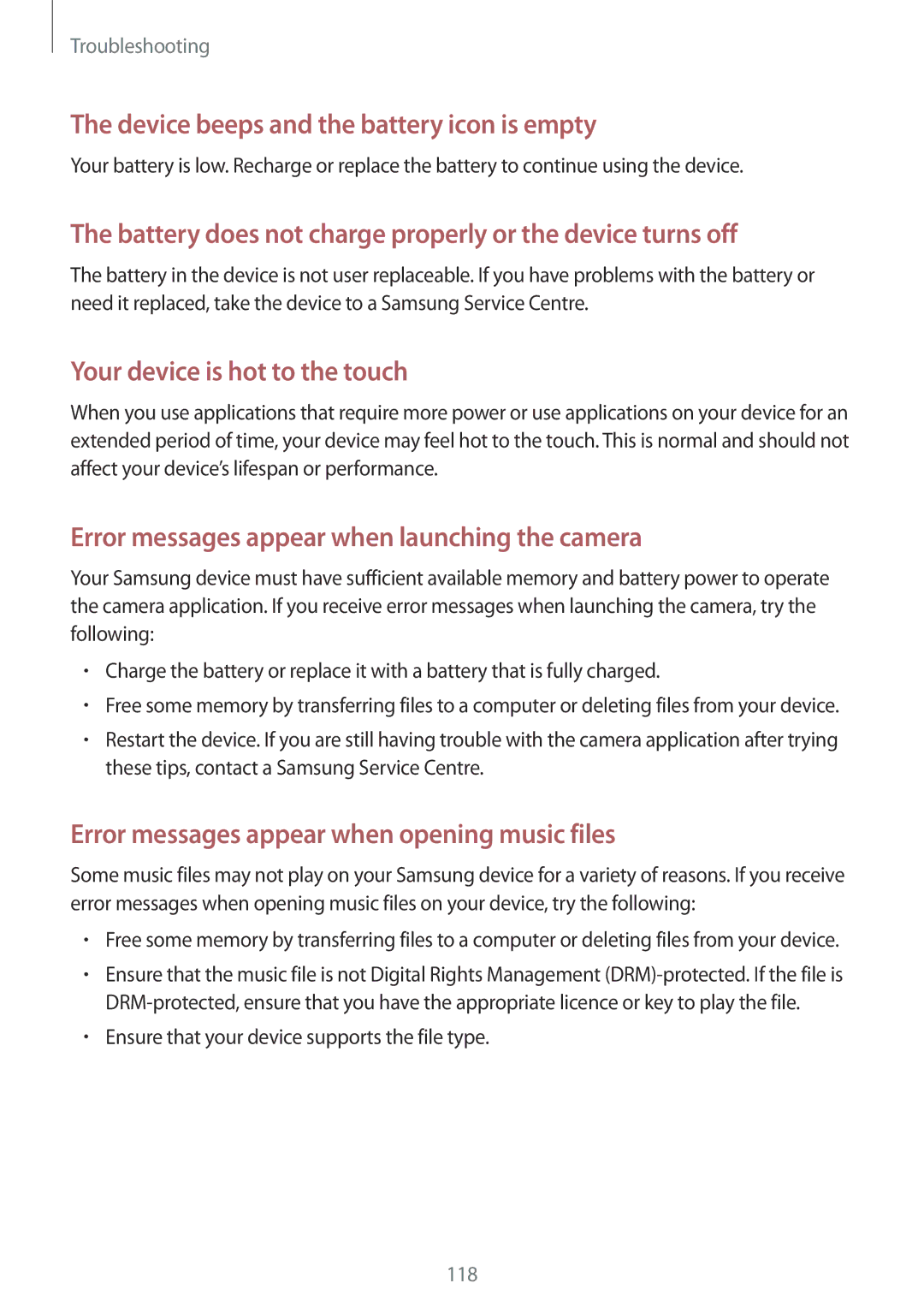 Samsung GT-N5110MKASER, GT-N5110ZWEXEF, GT-N5110ZWAXEF, GT-N5110NKAXEF manual Device beeps and the battery icon is empty 