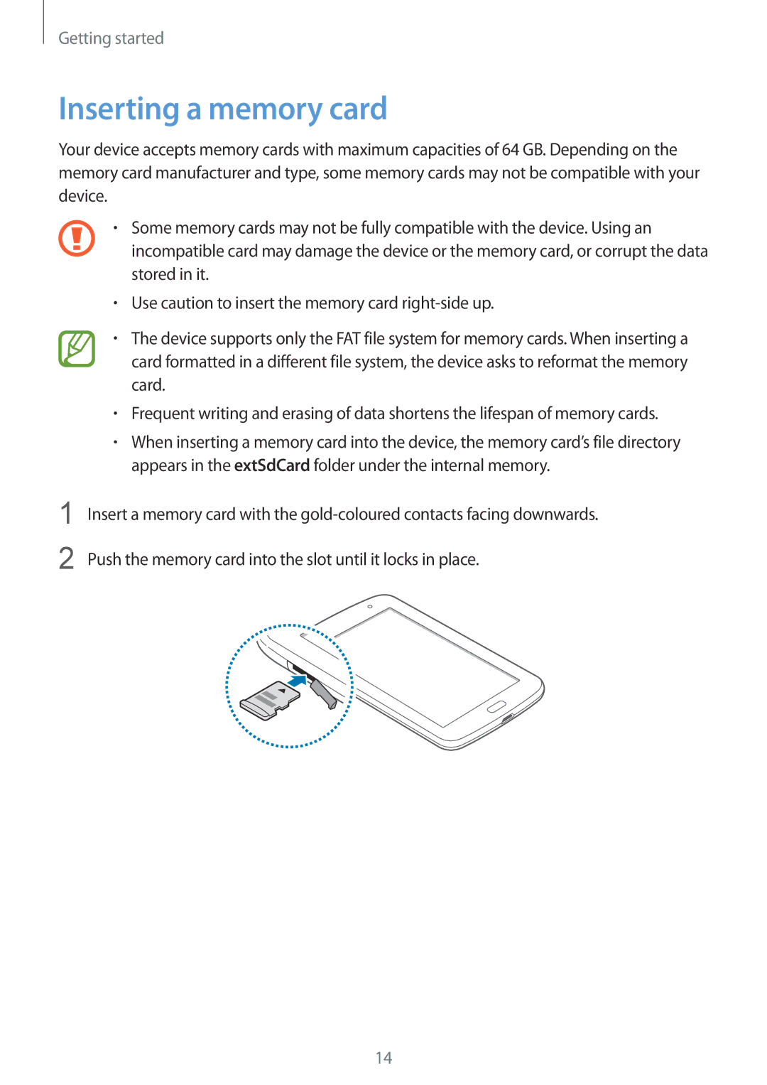 Samsung GT-N5110ZWANEE, GT-N5110ZWEXEF, GT-N5110ZWAXEF, GT-N5110NKAXEF, GT-N5110ZWATUR, GT-N5110ZWAITV Inserting a memory card 