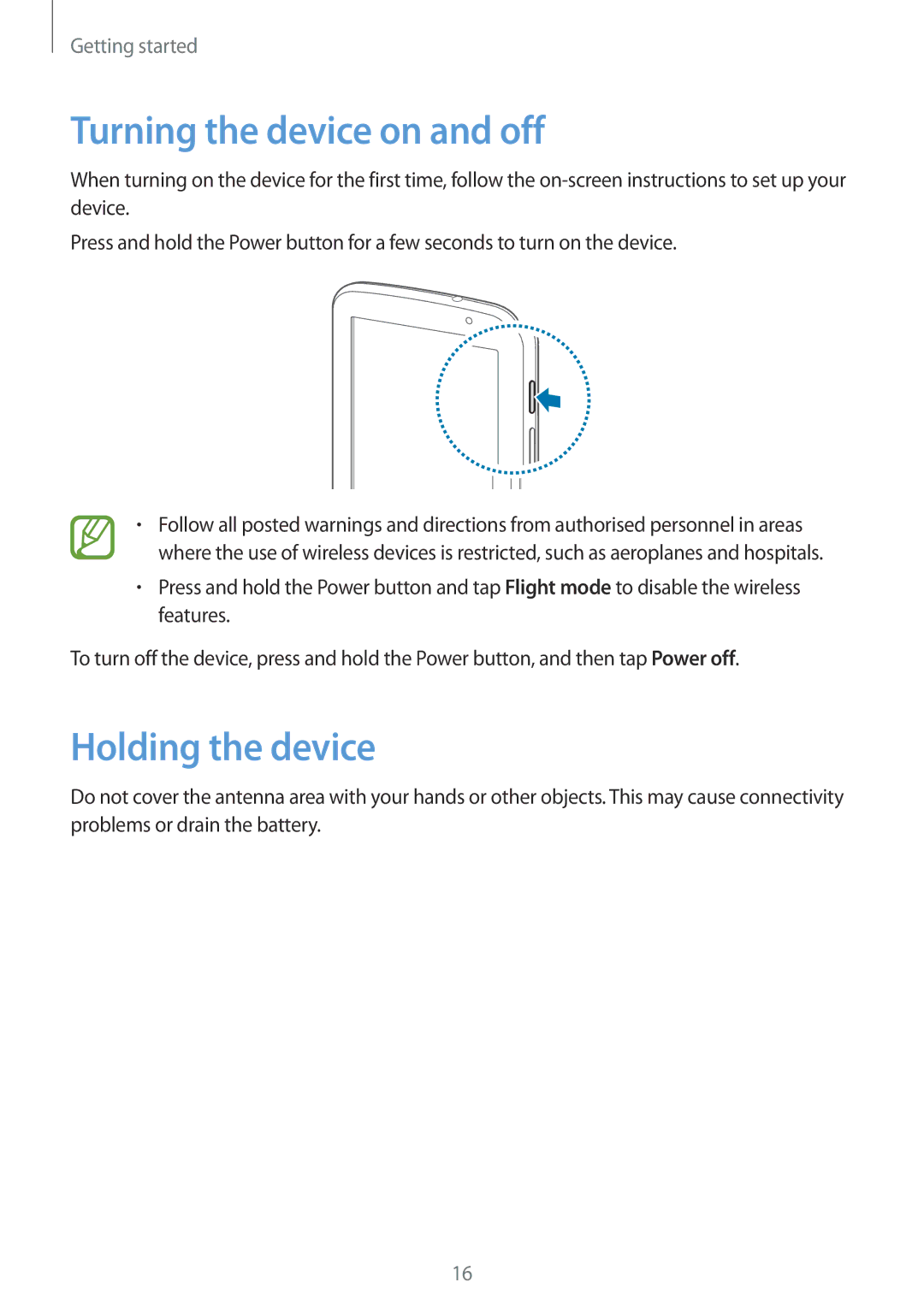 Samsung GT-N5110NKAATO, GT-N5110ZWEXEF, GT-N5110ZWAXEF, GT-N5110NKAXEF Turning the device on and off, Holding the device 