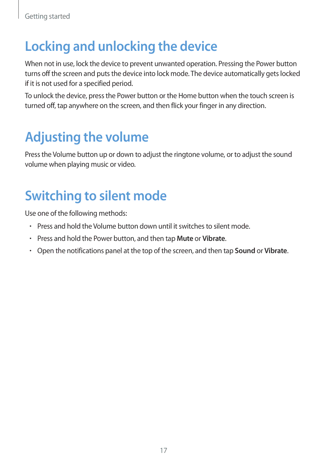 Samsung GT-N5110ZWACOA, GT-N5110ZWEXEF Locking and unlocking the device, Adjusting the volume, Switching to silent mode 