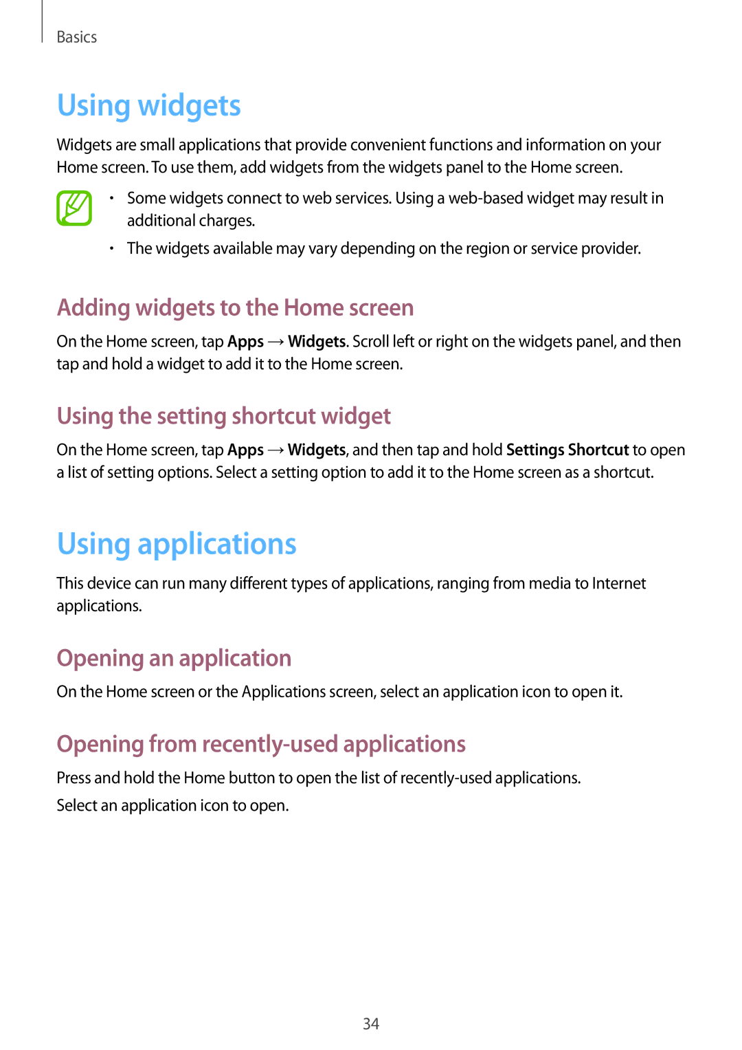 Samsung GT-N5110ZWAXSK, GT-N5110ZWEXEF, GT-N5110ZWAXEF, GT-N5110NKAXEF, GT-N5110ZWATUR manual Using widgets, Using applications 