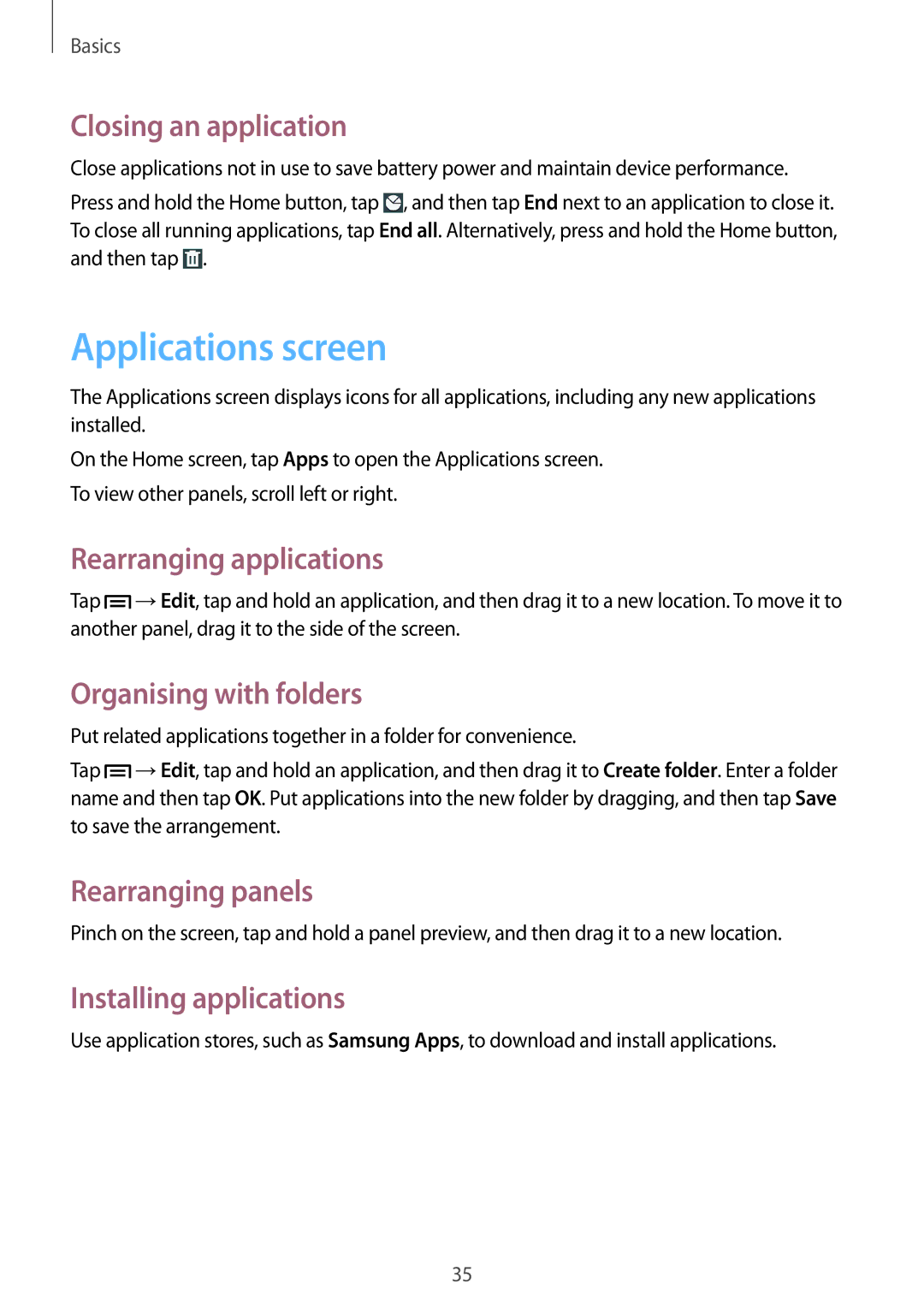 Samsung GT-N5110ZWAEUR Applications screen, Closing an application, Rearranging applications, Organising with folders 