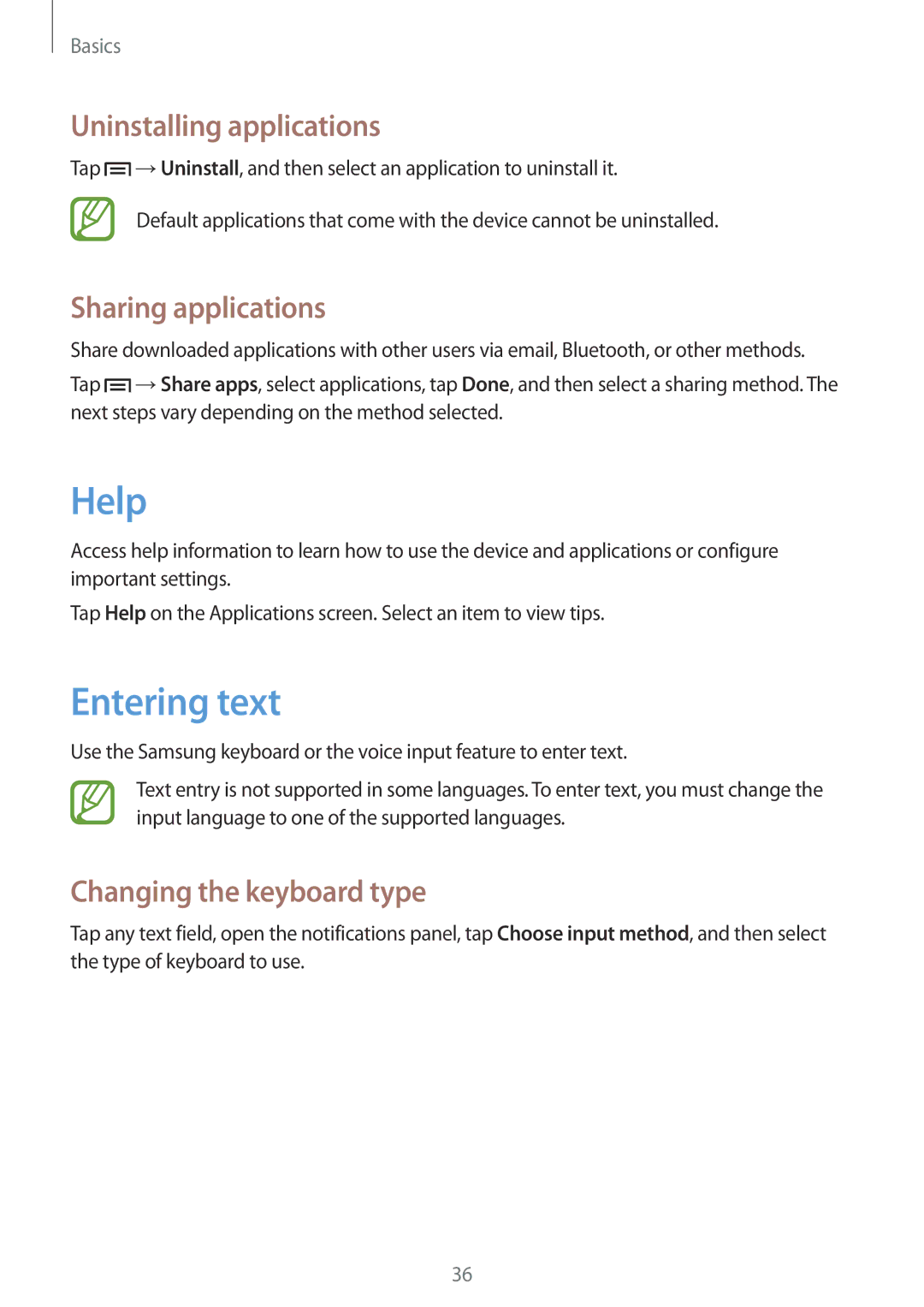 Samsung GT-N5110ZWAXEZ Help, Entering text, Uninstalling applications, Sharing applications, Changing the keyboard type 