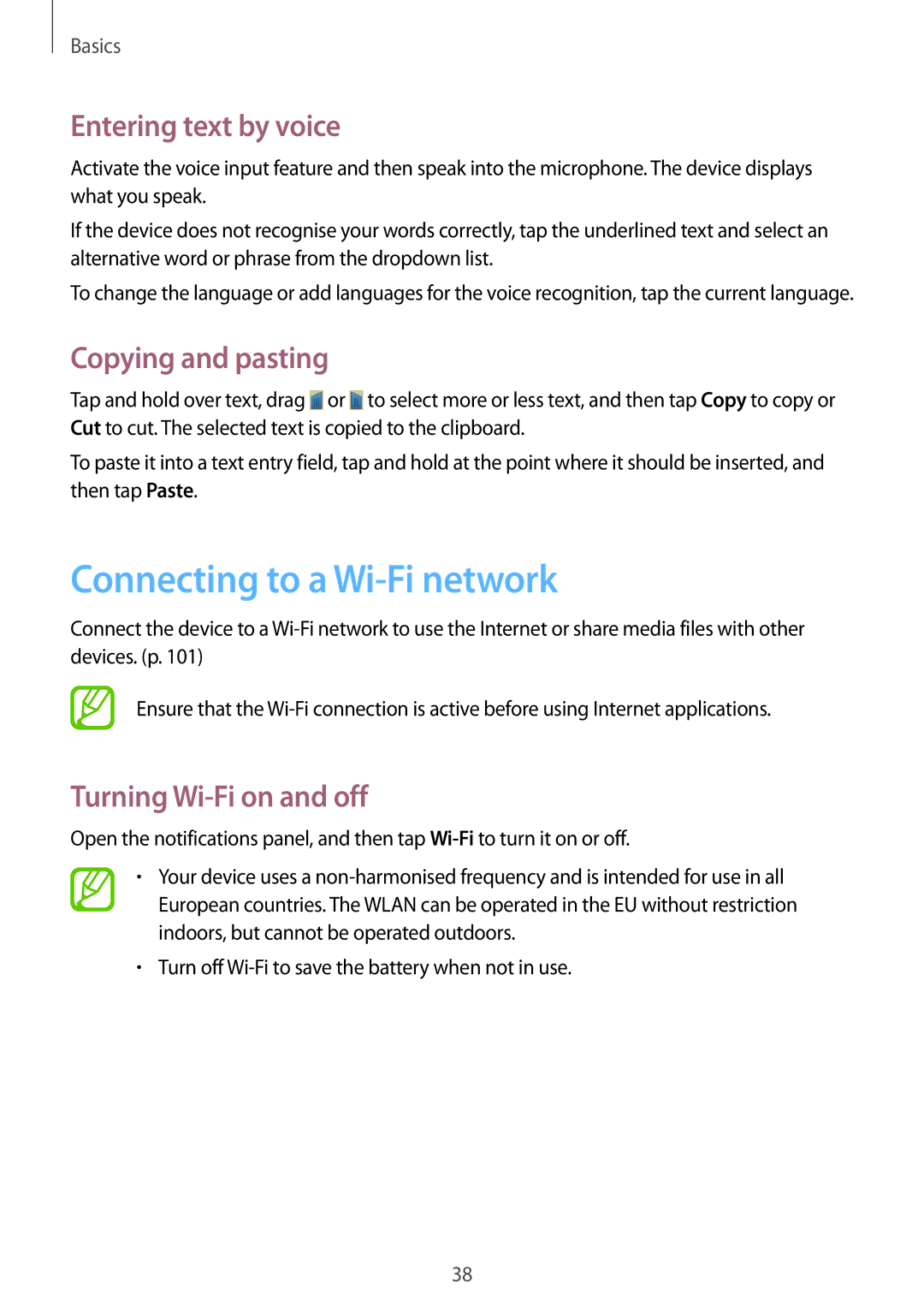 Samsung GT-N5110ZWANEE, GT-N5110ZWEXEF manual Connecting to a Wi-Fi network, Entering text by voice, Copying and pasting 