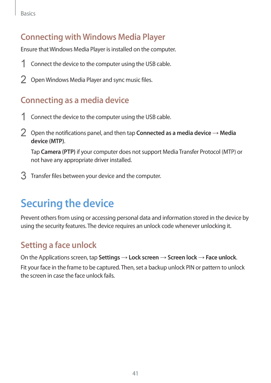 Samsung GT-N5110ZWACOA Securing the device, Connecting with Windows Media Player, Connecting as a media device, Device MTP 