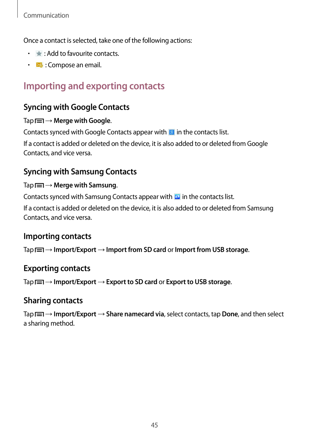 Samsung GT-N5110NKASER, GT-N5110ZWEXEF, GT-N5110ZWAXEF, GT-N5110NKAXEF, GT-N5110ZWATUR manual Importing and exporting contacts 