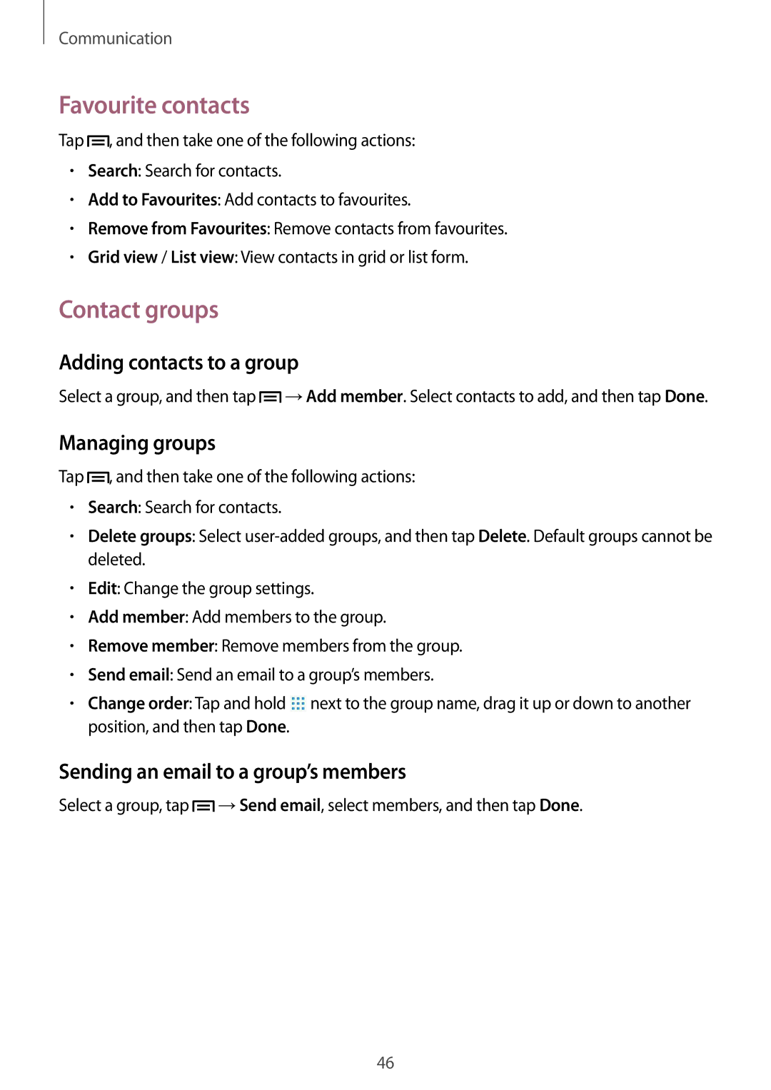 Samsung GT-N5110MKASER, GT-N5110ZWEXEF Favourite contacts, Contact groups, Adding contacts to a group, Managing groups 