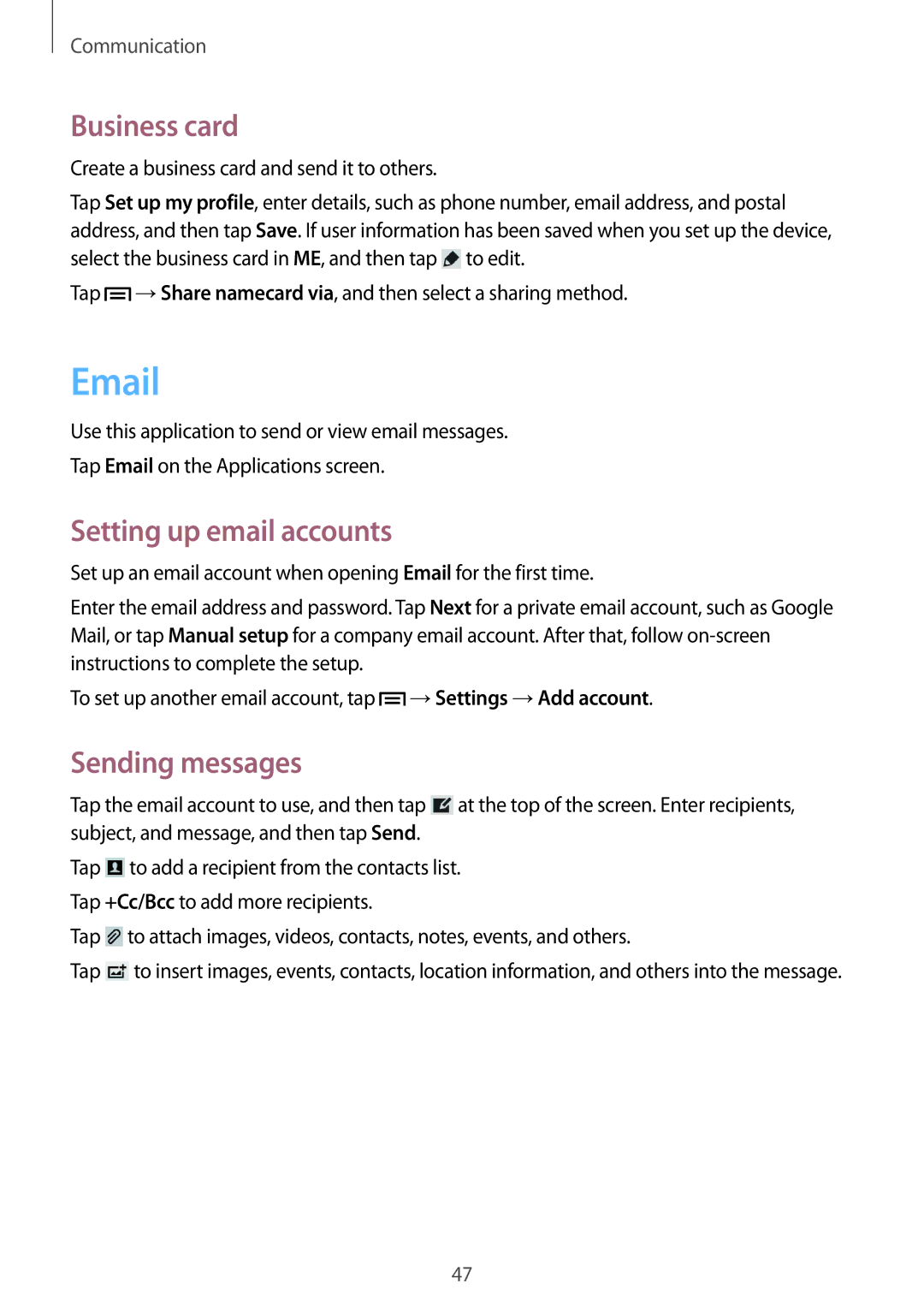 Samsung GT-N5110ZWASER, GT-N5110ZWEXEF, GT-N5110ZWAXEF manual Business card, Setting up email accounts, Sending messages 
