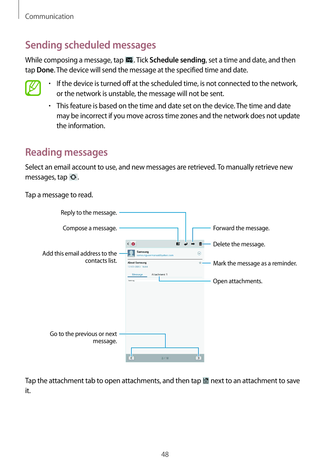 Samsung GT-N5110ZWEXEF, GT-N5110ZWAXEF, GT-N5110NKAXEF, GT-N5110ZWATUR manual Sending scheduled messages, Reading messages 