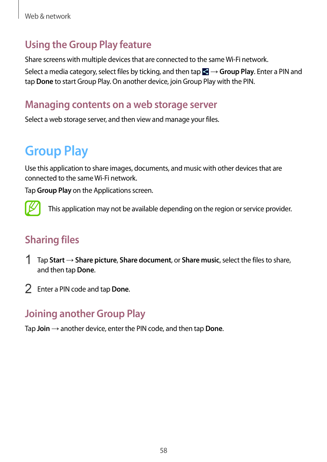 Samsung GT-N5110ZWAXSK, GT-N5110ZWEXEF manual Using the Group Play feature, Managing contents on a web storage server 