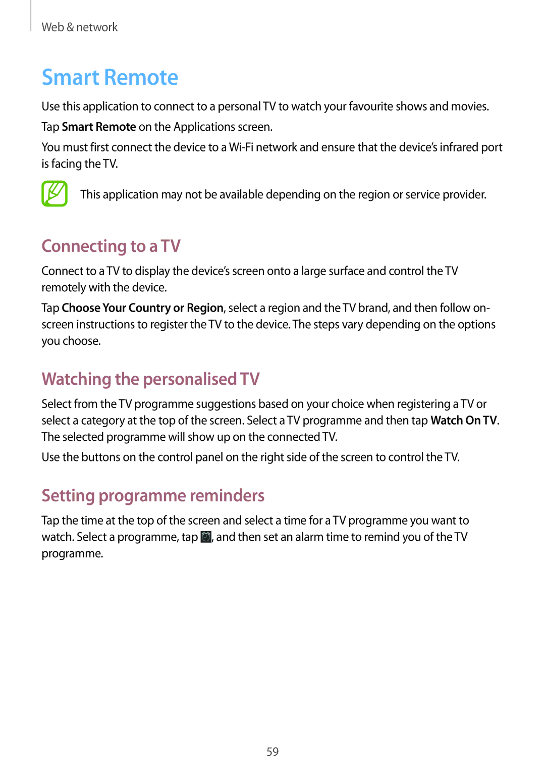 Samsung GT-N5110ZWAEUR manual Smart Remote, Connecting to a TV, Watching the personalised TV, Setting programme reminders 