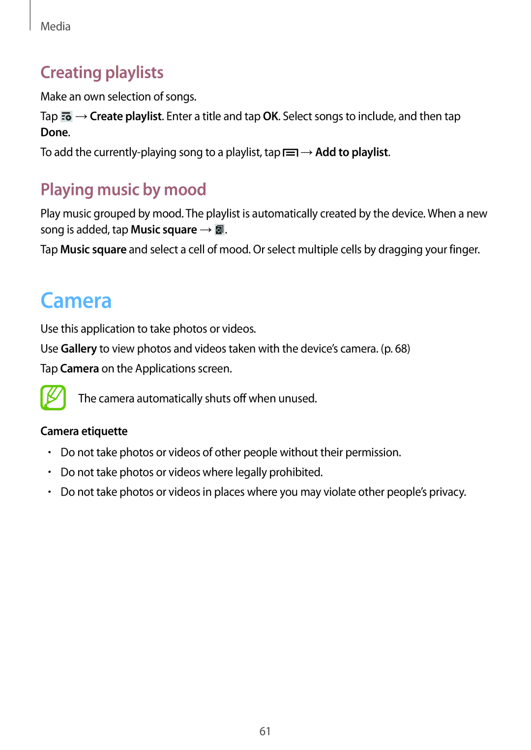 Samsung GT-N5110NKANEE, GT-N5110ZWEXEF, GT-N5110ZWAXEF manual Creating playlists, Playing music by mood, Camera etiquette 