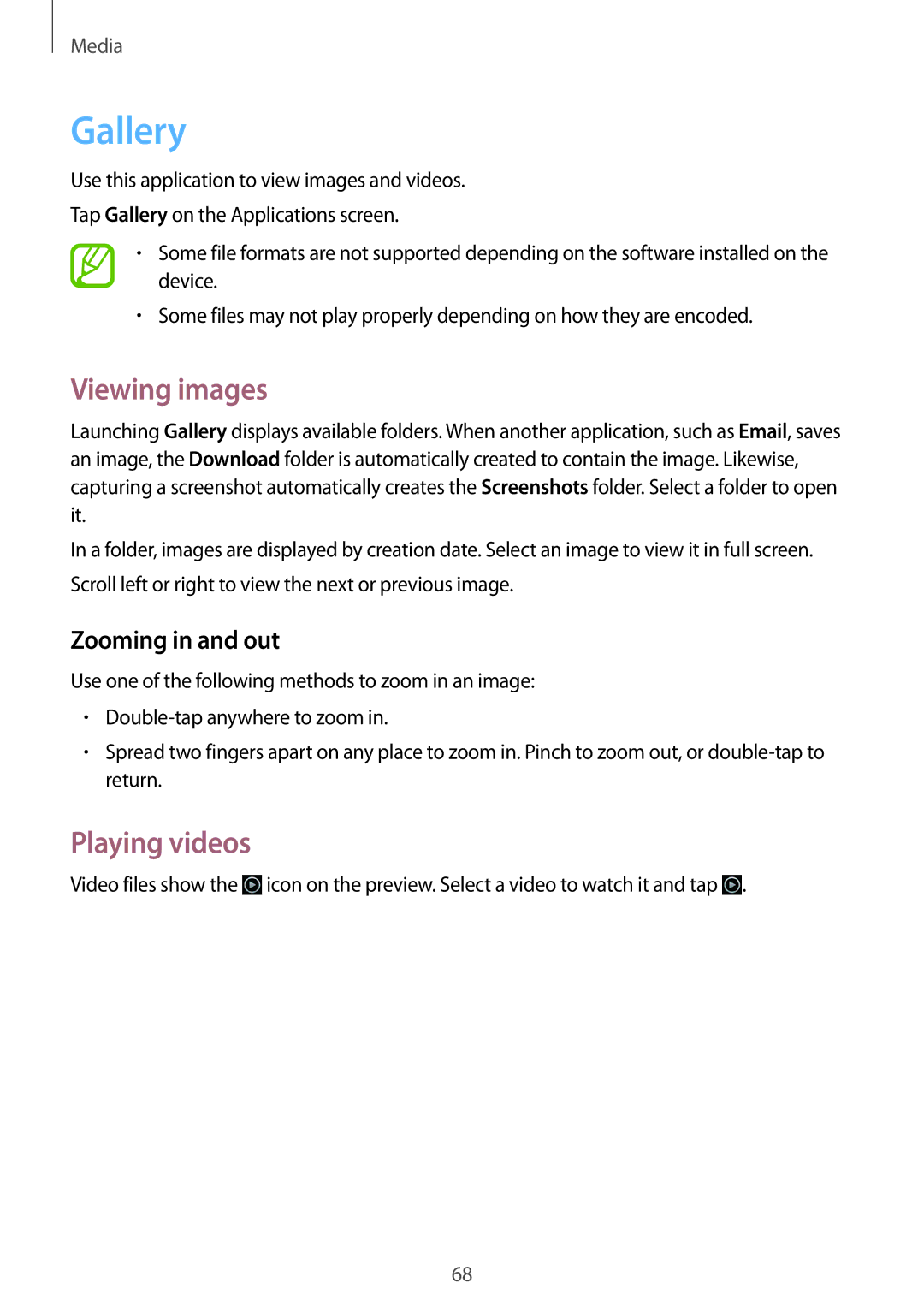 Samsung GT-N5110ZWAAUT, GT-N5110ZWEXEF, GT-N5110ZWAXEF manual Gallery, Viewing images, Playing videos, Zooming in and out 