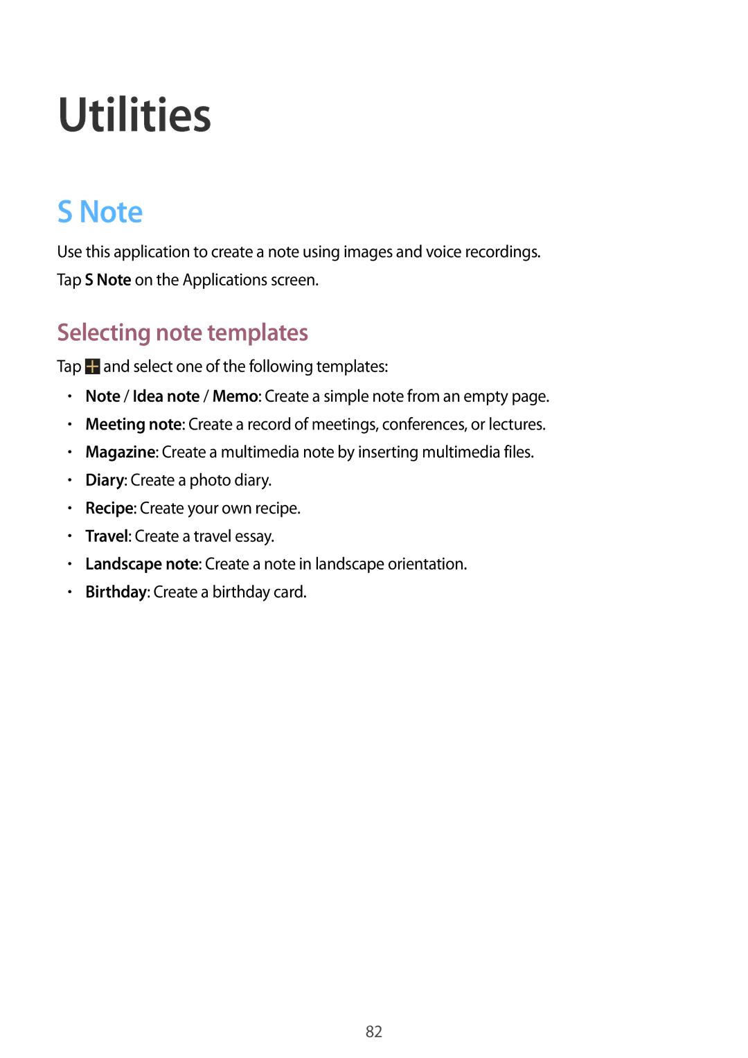 Samsung GT-N5110ZWAXSK, GT-N5110ZWEXEF, GT-N5110ZWAXEF, GT-N5110NKAXEF, GT-N5110ZWATUR Utilities, Selecting note templates 