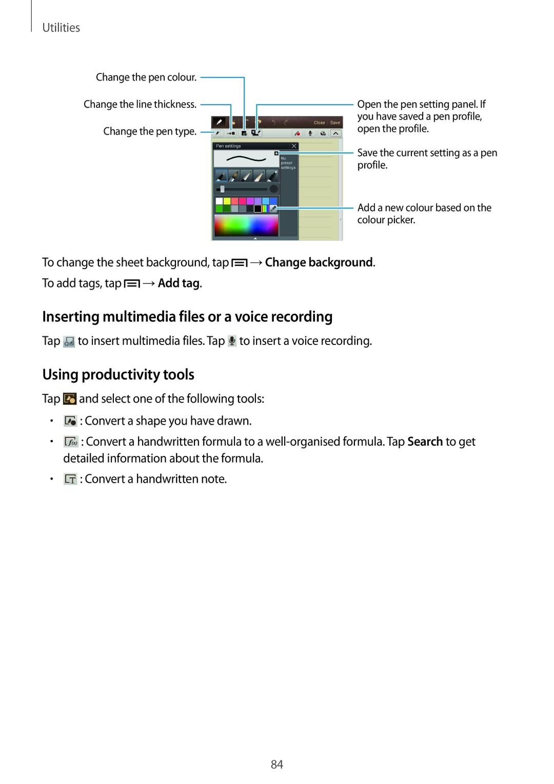 Samsung GT-N5110ZWAXEZ, GT-N5110ZWEXEF manual Inserting multimedia files or a voice recording, Using productivity tools 