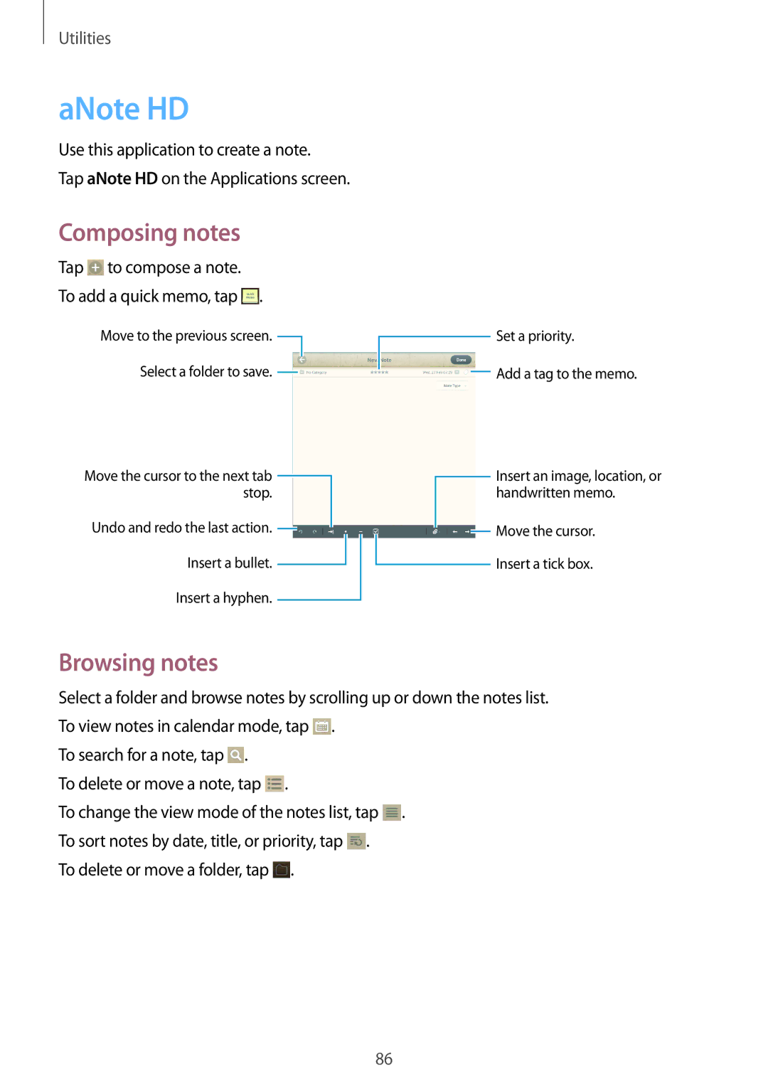 Samsung GT-N5110ZWANEE, GT-N5110ZWEXEF, GT-N5110ZWAXEF manual ANote HD, Tap to compose a note To add a quick memo, tap 