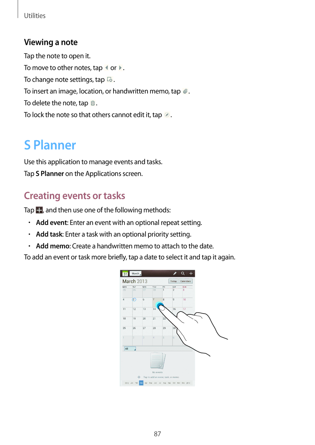 Samsung GT-N5110ZWASEB, GT-N5110ZWEXEF, GT-N5110ZWAXEF, GT-N5110NKAXEF, GT-N5110ZWATUR manual Planner, Creating events or tasks 