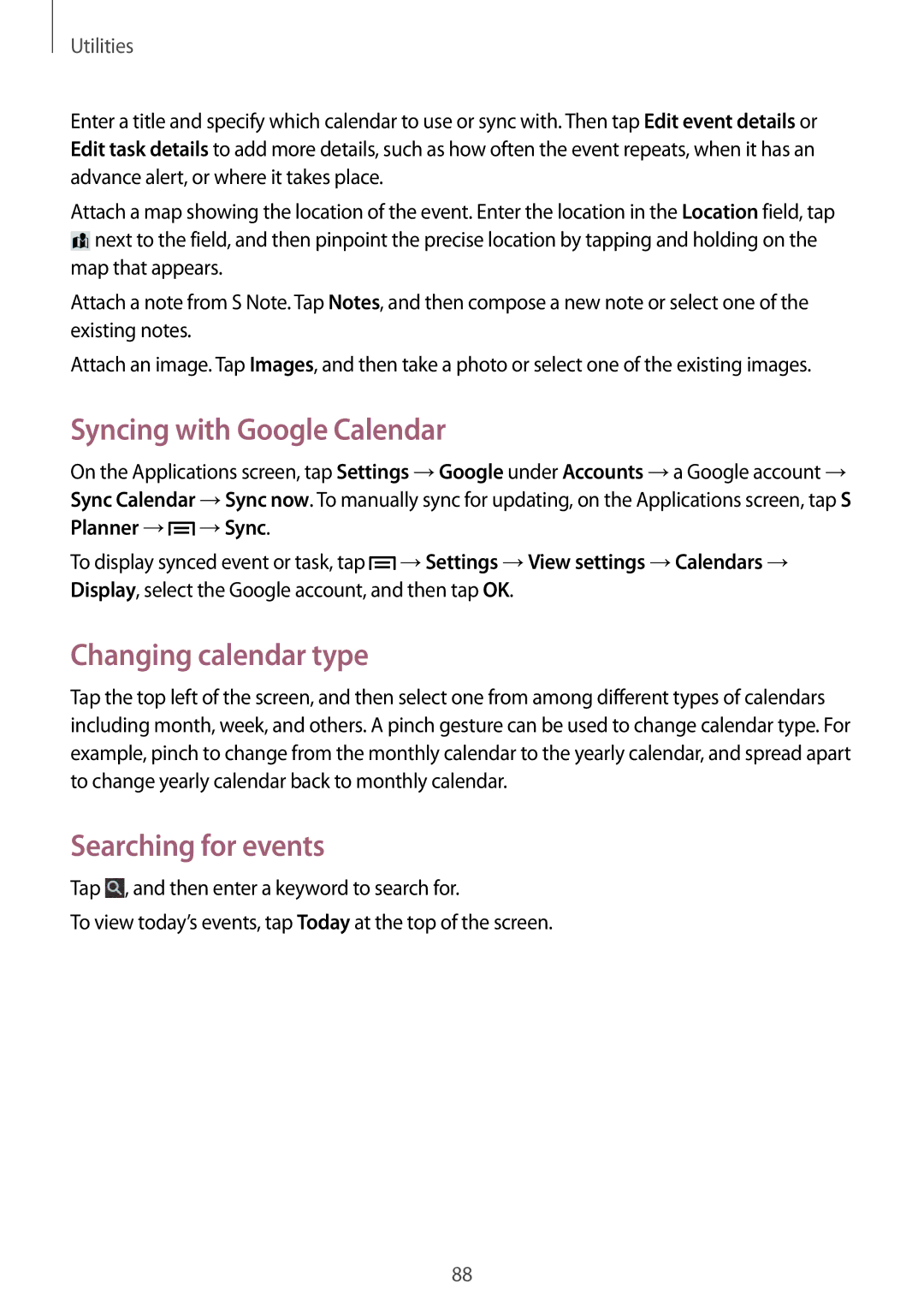 Samsung GT-N5110NKAATO, GT-N5110ZWEXEF manual Syncing with Google Calendar, Changing calendar type, Searching for events 