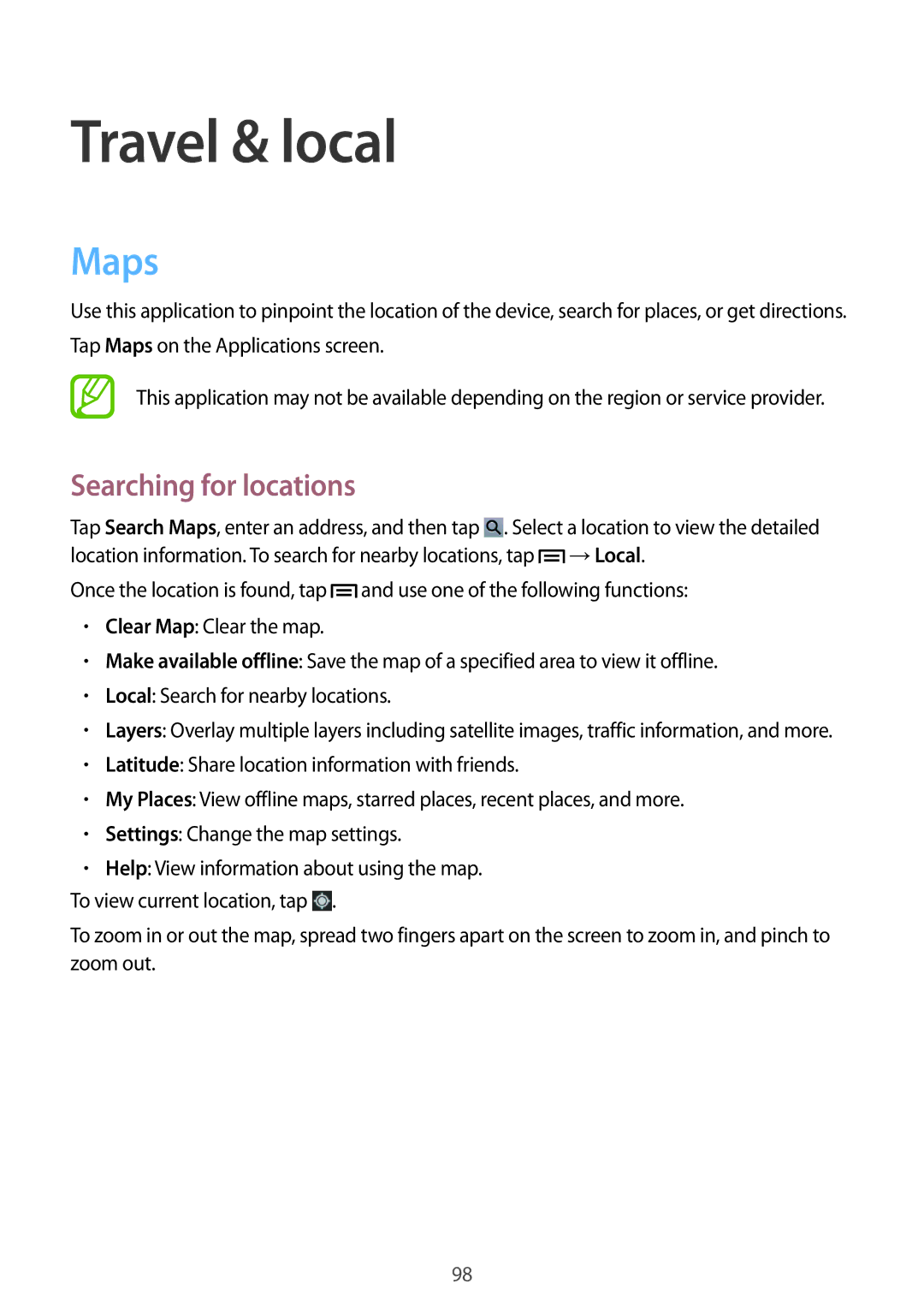 Samsung GT-N5110NKAXEF, GT-N5110ZWEXEF, GT-N5110ZWAXEF, GT-N5110ZWATUR manual Travel & local, Maps, Searching for locations 