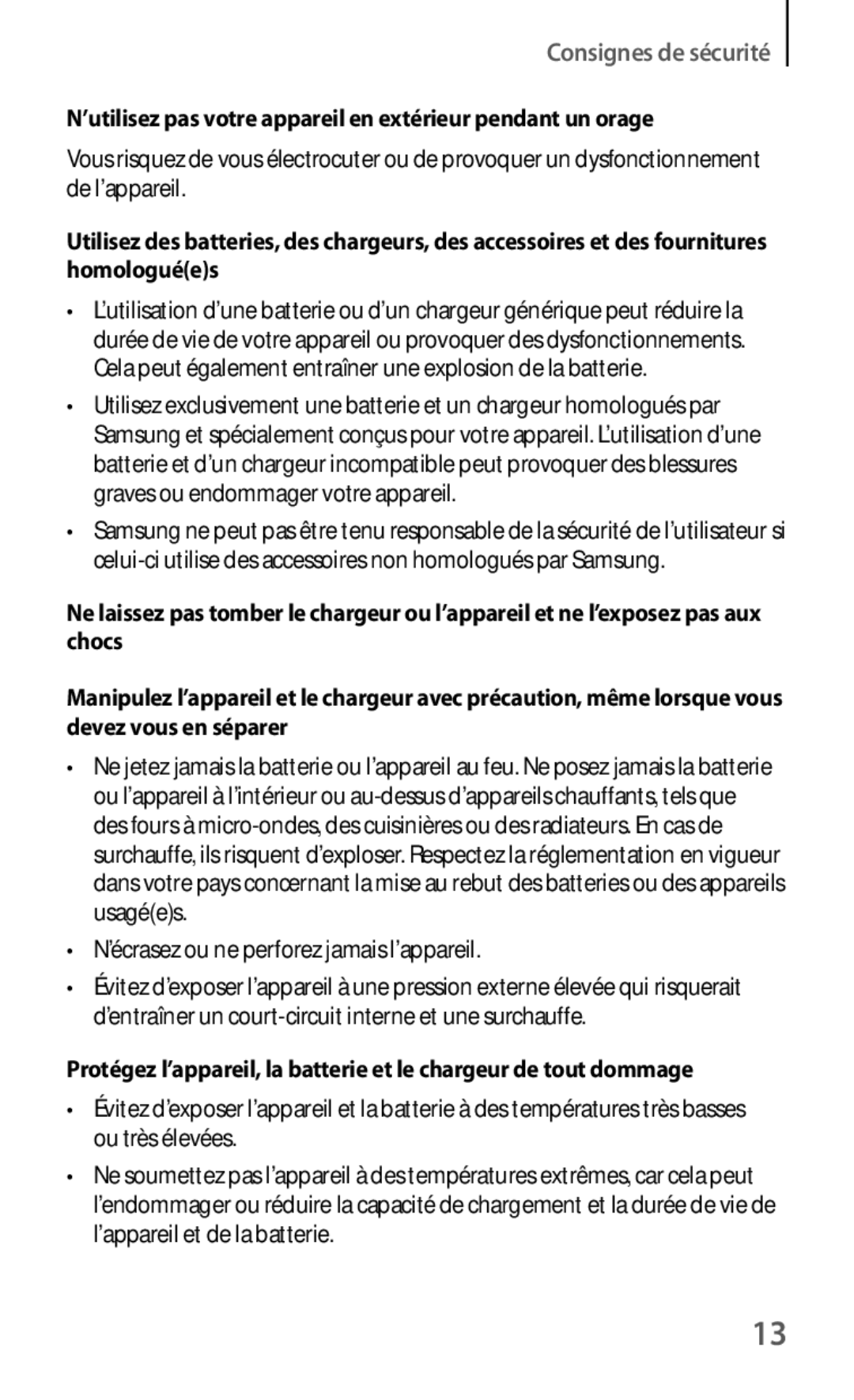 Samsung GT-N5110ZWAXEF, GT-N5110ZWEXEF Consignes de sécurité, ’utilisez pas votre appareil en extérieur pendant un orage 