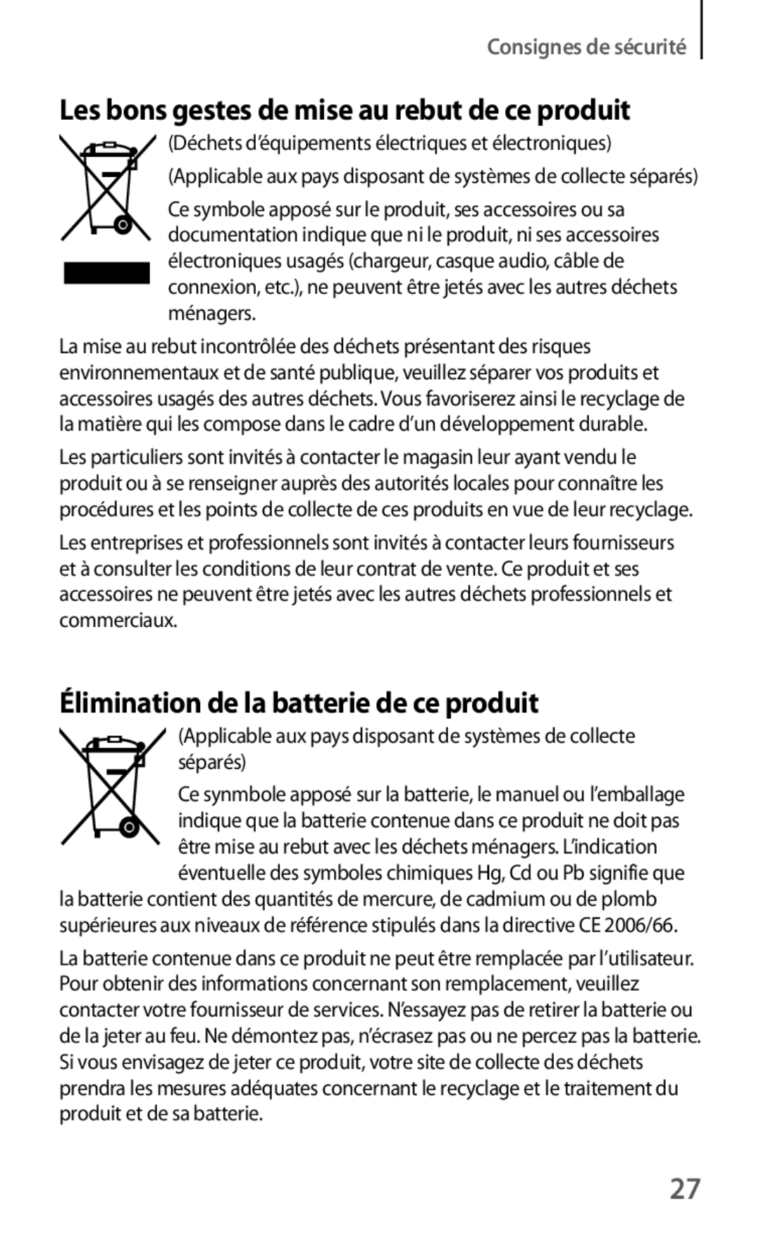 Samsung GT-N5110ZWEXEF, GT-N5110ZWAXEF, GT-N5110NKAXEF manual Élimination de la batterie de ce produit 