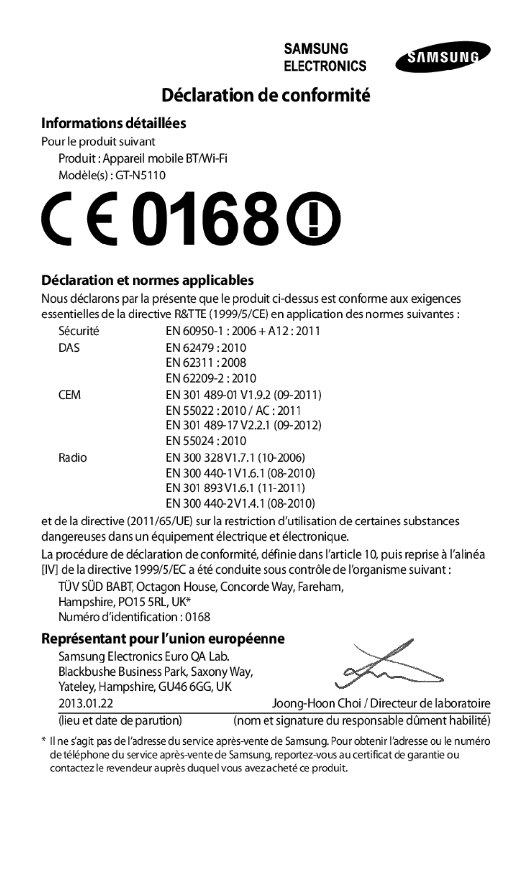 Samsung GT-N5110ZWEXEF Informations détaillées, Déclaration et normes applicables, Représentant pour l’union européenne 