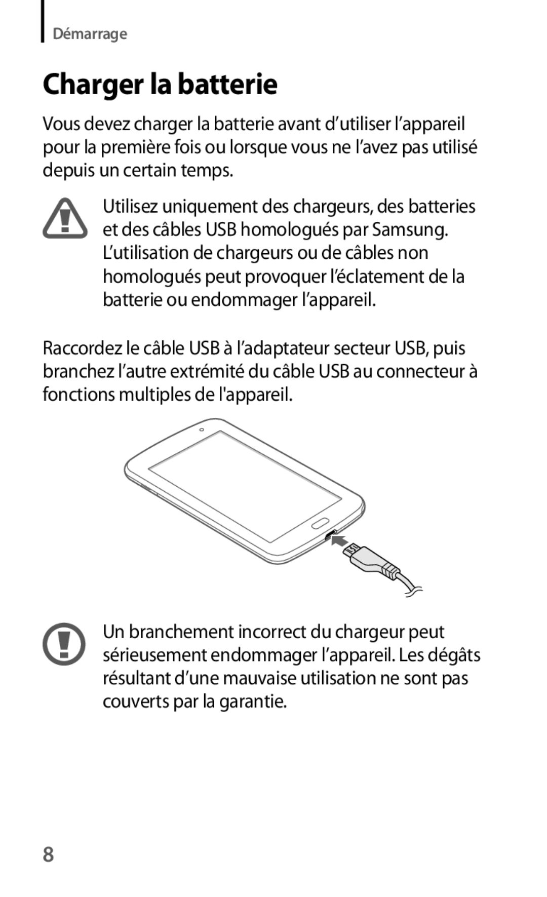 Samsung GT-N5110NKAXEF, GT-N5110ZWEXEF, GT-N5110ZWAXEF manual Charger la batterie 