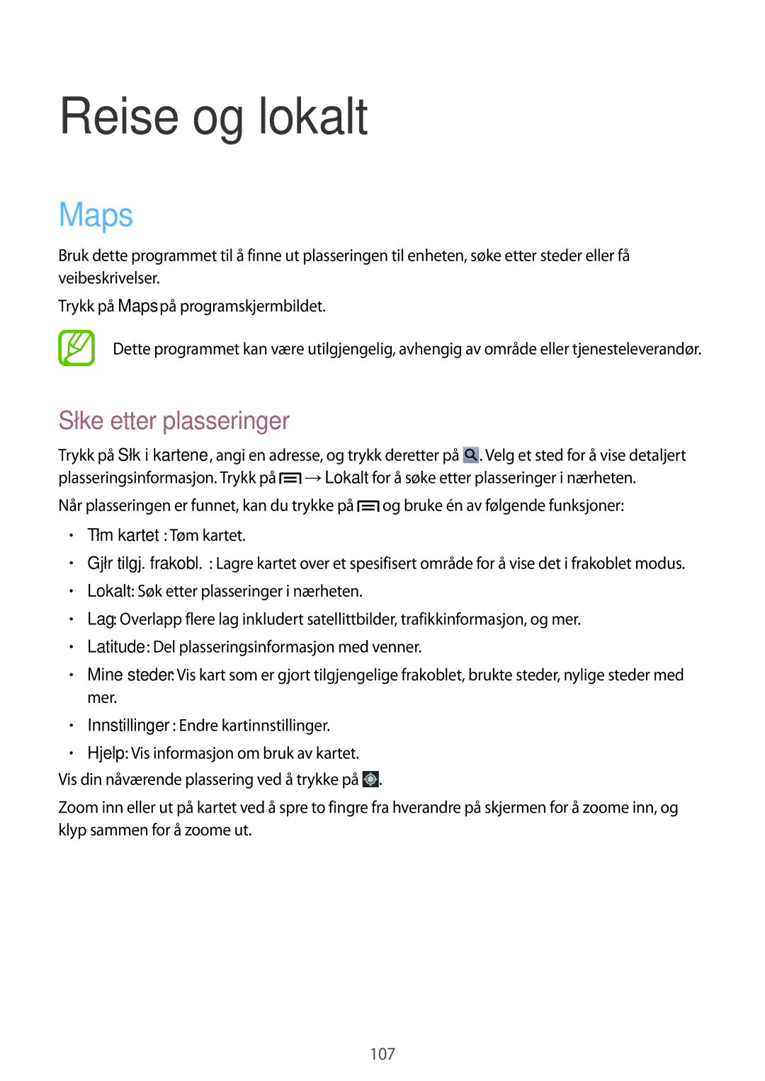 Samsung GT-N5120ZWANEE, GT-N5120NKANEE manual Reise og lokalt, Maps, Søke etter plasseringer 