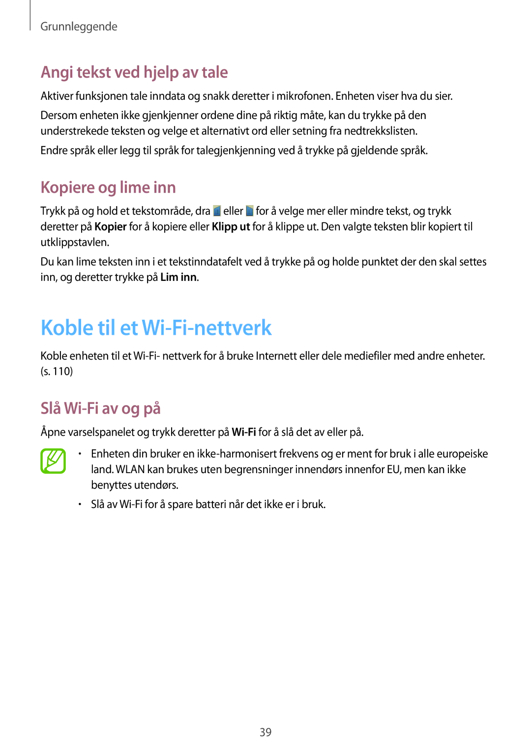 Samsung GT-N5120ZWANEE Koble til et Wi-Fi-nettverk, Angi tekst ved hjelp av tale, Kopiere og lime inn, Slå Wi-Fi av og på 