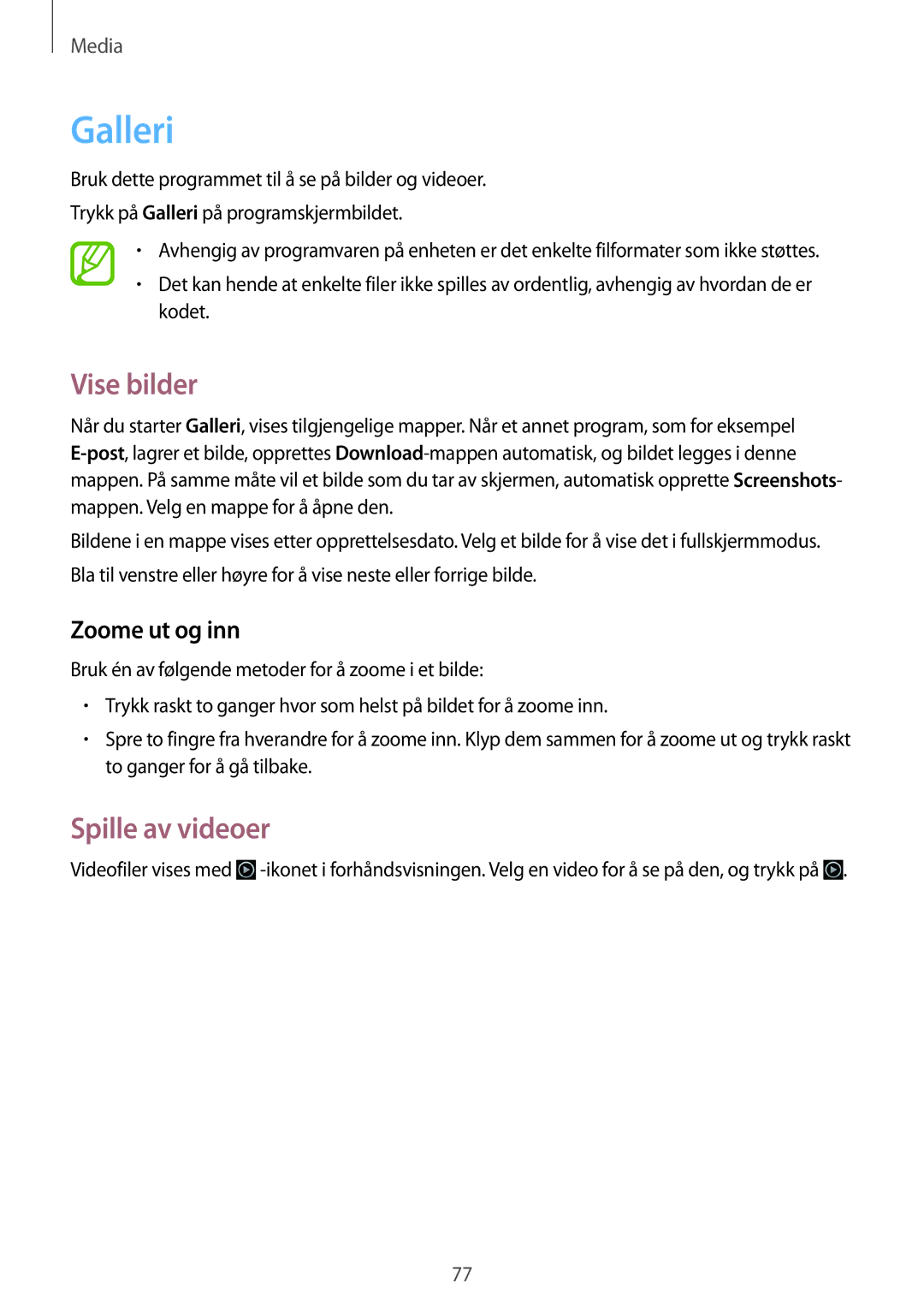 Samsung GT-N5120ZWANEE, GT-N5120NKANEE manual Galleri, Vise bilder, Spille av videoer, Zoome ut og inn 