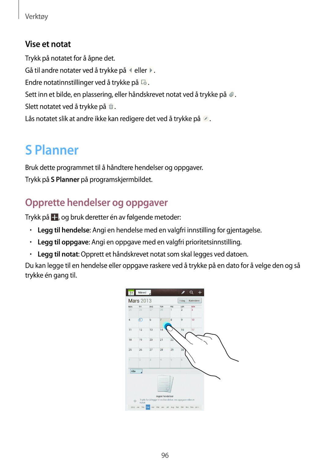 Samsung GT-N5120NKANEE, GT-N5120ZWANEE manual Planner, Opprette hendelser og oppgaver 