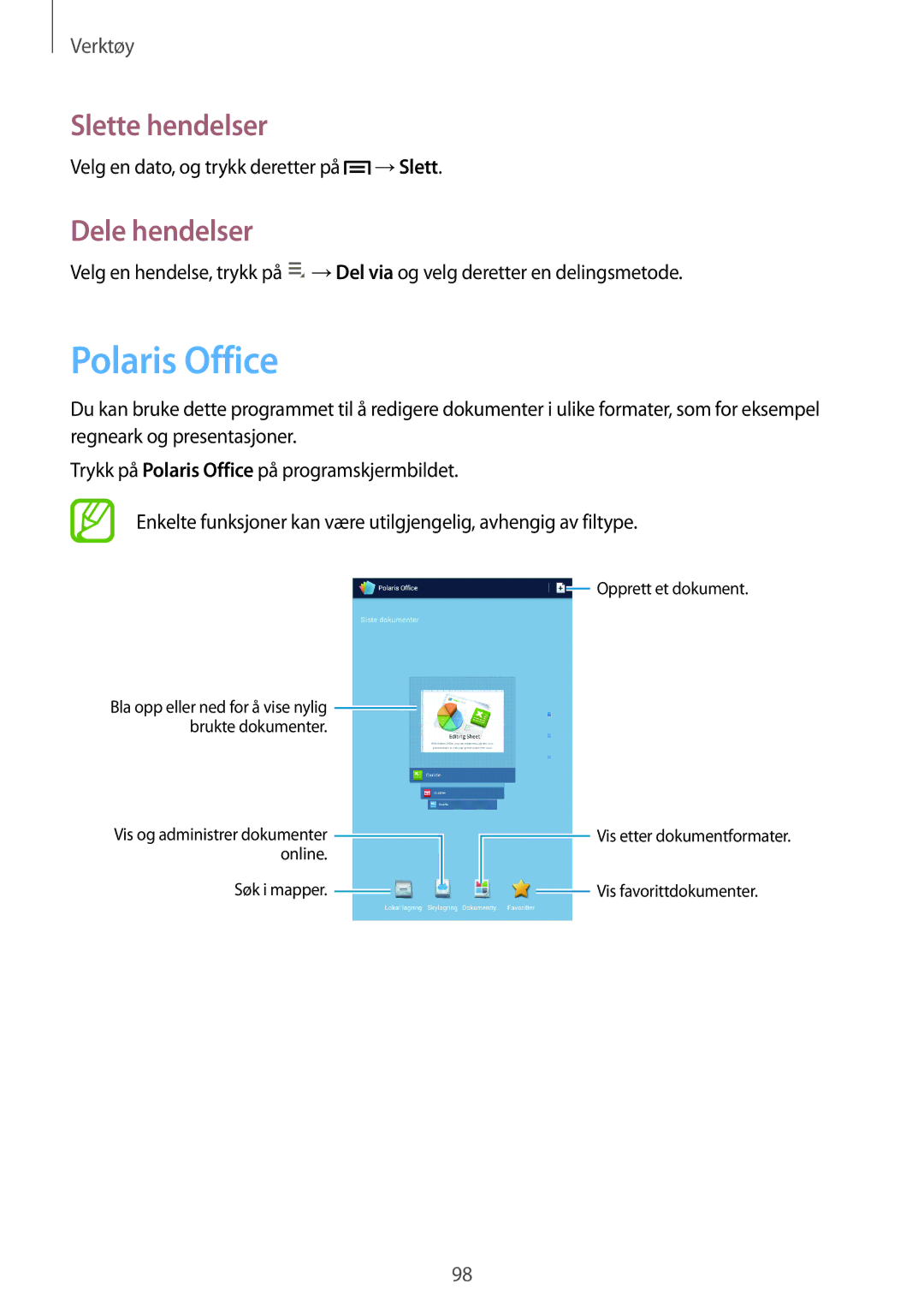 Samsung GT-N5120NKANEE, GT-N5120ZWANEE manual Polaris Office, Slette hendelser, Dele hendelser 