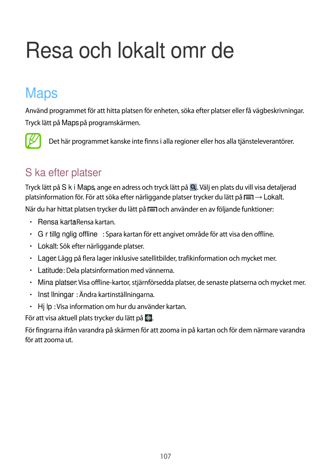 Samsung GT-N5120ZWANEE, GT-N5120NKANEE manual Resa och lokalt område, Maps, Söka efter platser 