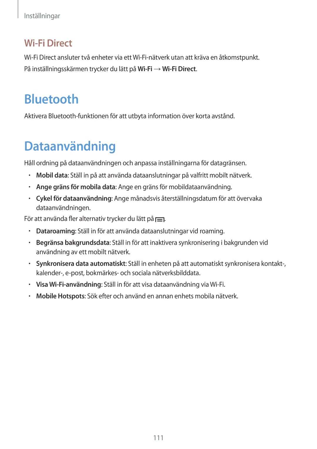 Samsung GT-N5120ZWANEE, GT-N5120NKANEE manual Dataanvändning, Wi-Fi Direct 