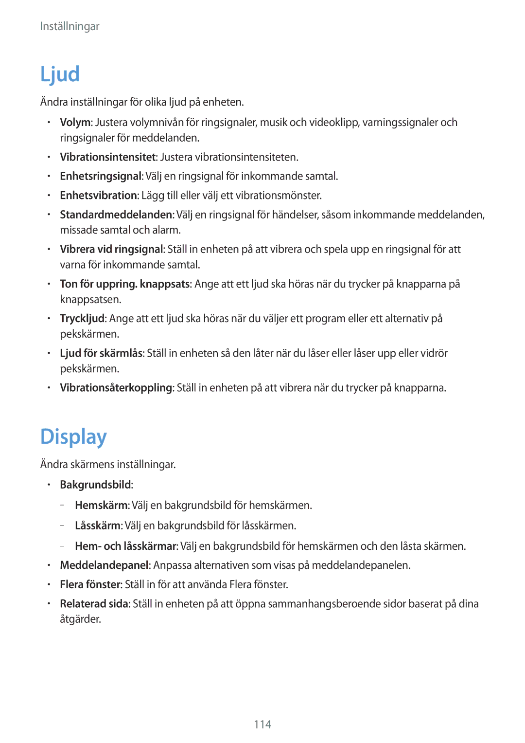 Samsung GT-N5120NKANEE, GT-N5120ZWANEE manual Ljud, Display, Bakgrundsbild 