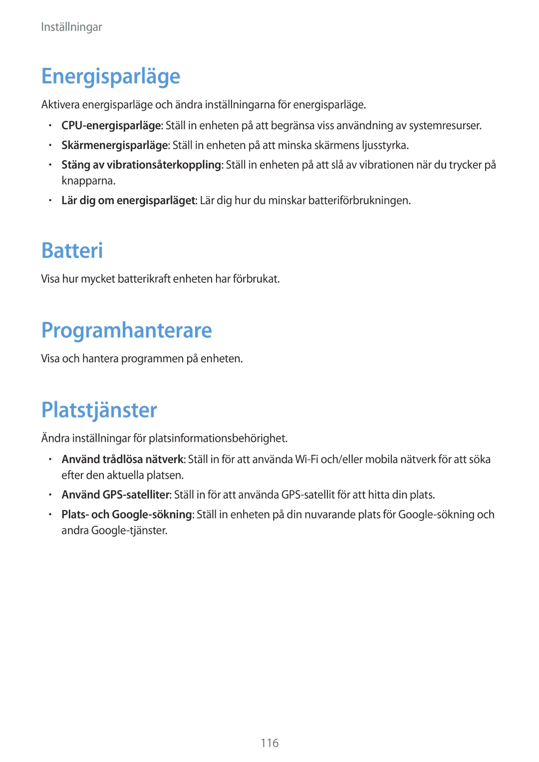 Samsung GT-N5120NKANEE, GT-N5120ZWANEE manual Energisparläge, Batteri, Programhanterare, Platstjänster 