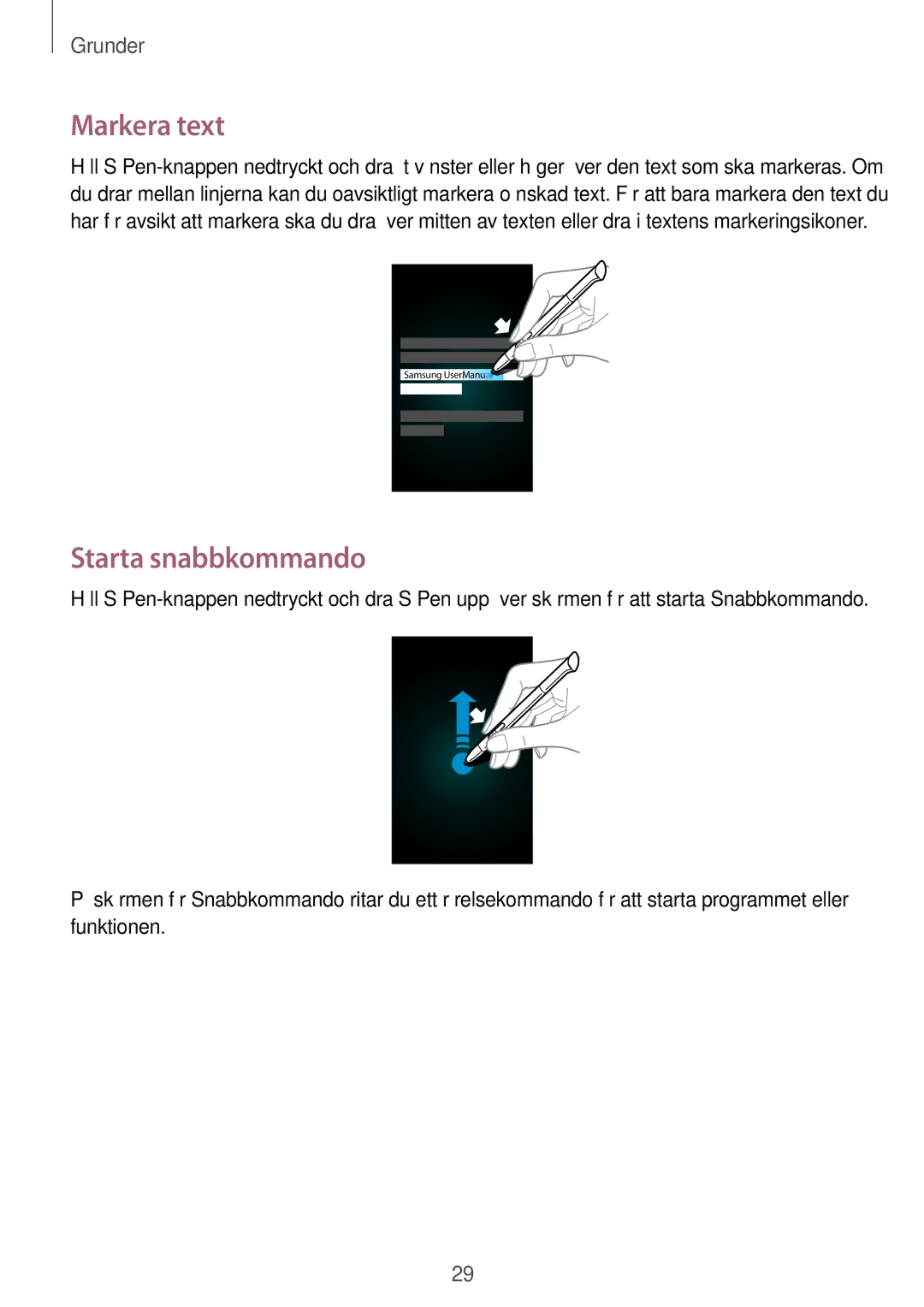 Samsung GT-N5120ZWANEE, GT-N5120NKANEE manual Markera text, Starta snabbkommando 