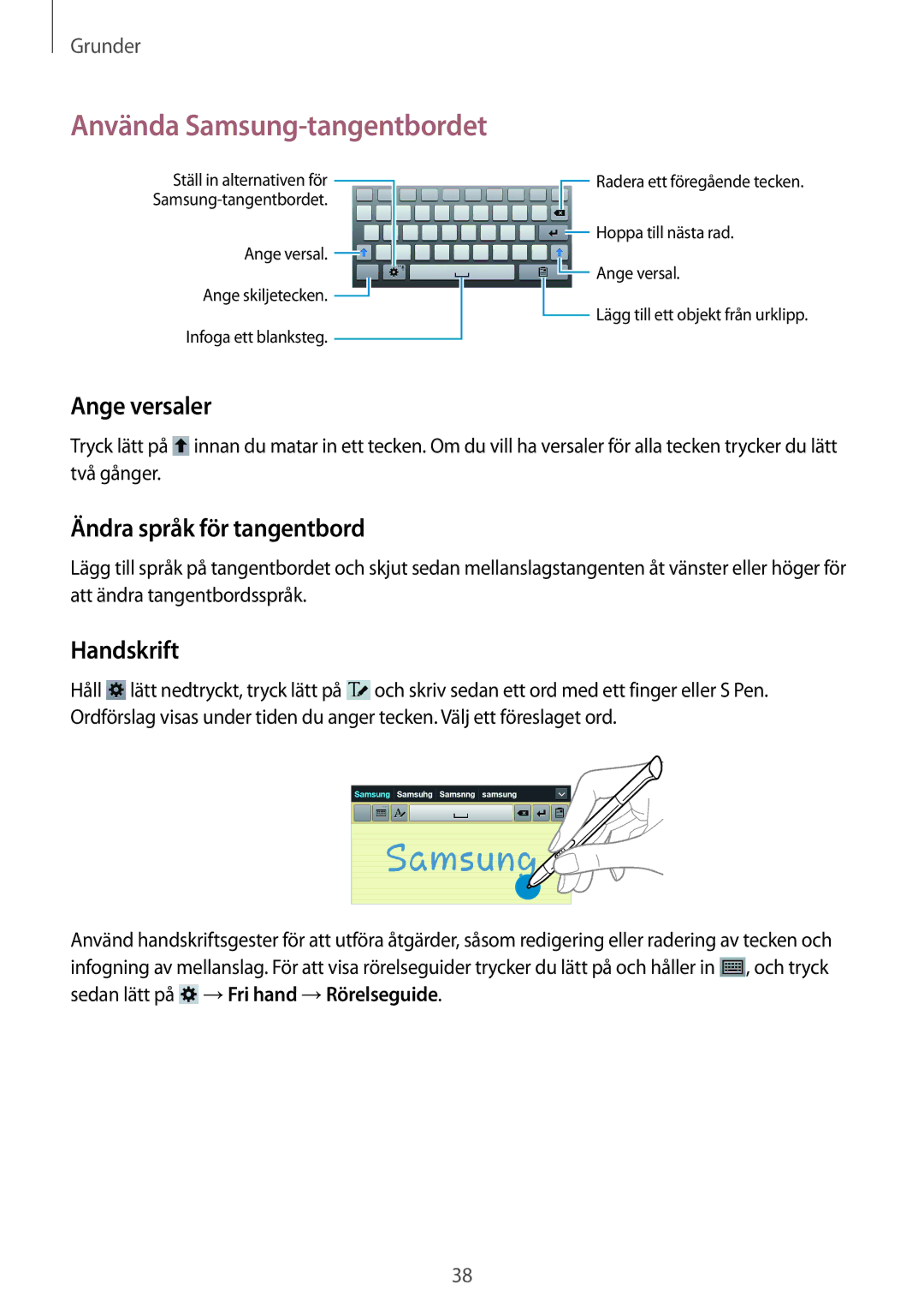 Samsung GT-N5120NKANEE manual Använda Samsung-tangentbordet, Ange versaler, Ändra språk för tangentbord, Handskrift 