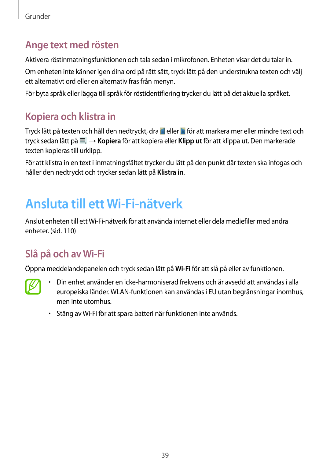 Samsung GT-N5120ZWANEE Ansluta till ett Wi-Fi-nätverk, Ange text med rösten, Kopiera och klistra, Slå på och av Wi-Fi 