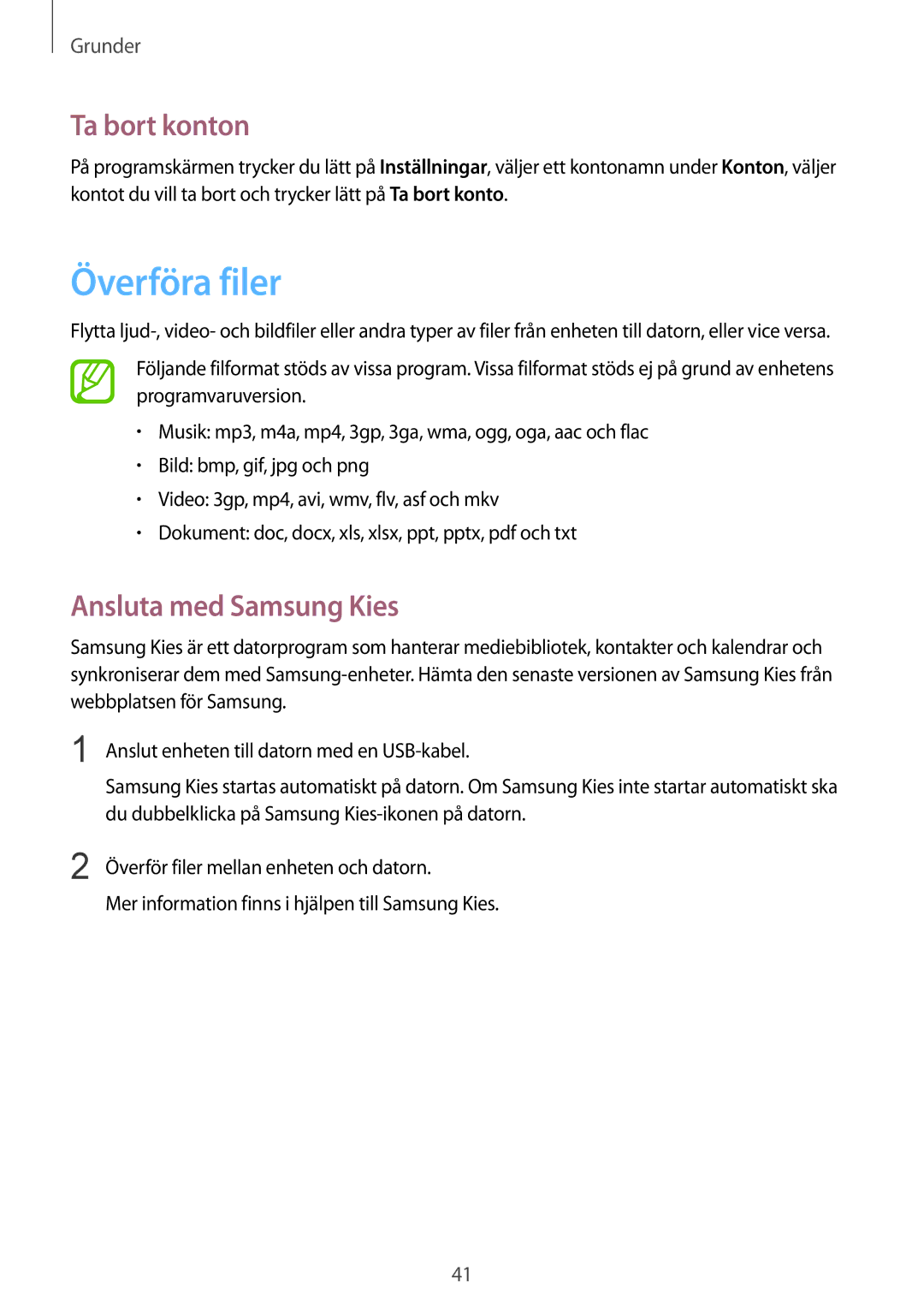 Samsung GT-N5120ZWANEE, GT-N5120NKANEE manual Överföra filer, Ta bort konton, Ansluta med Samsung Kies 