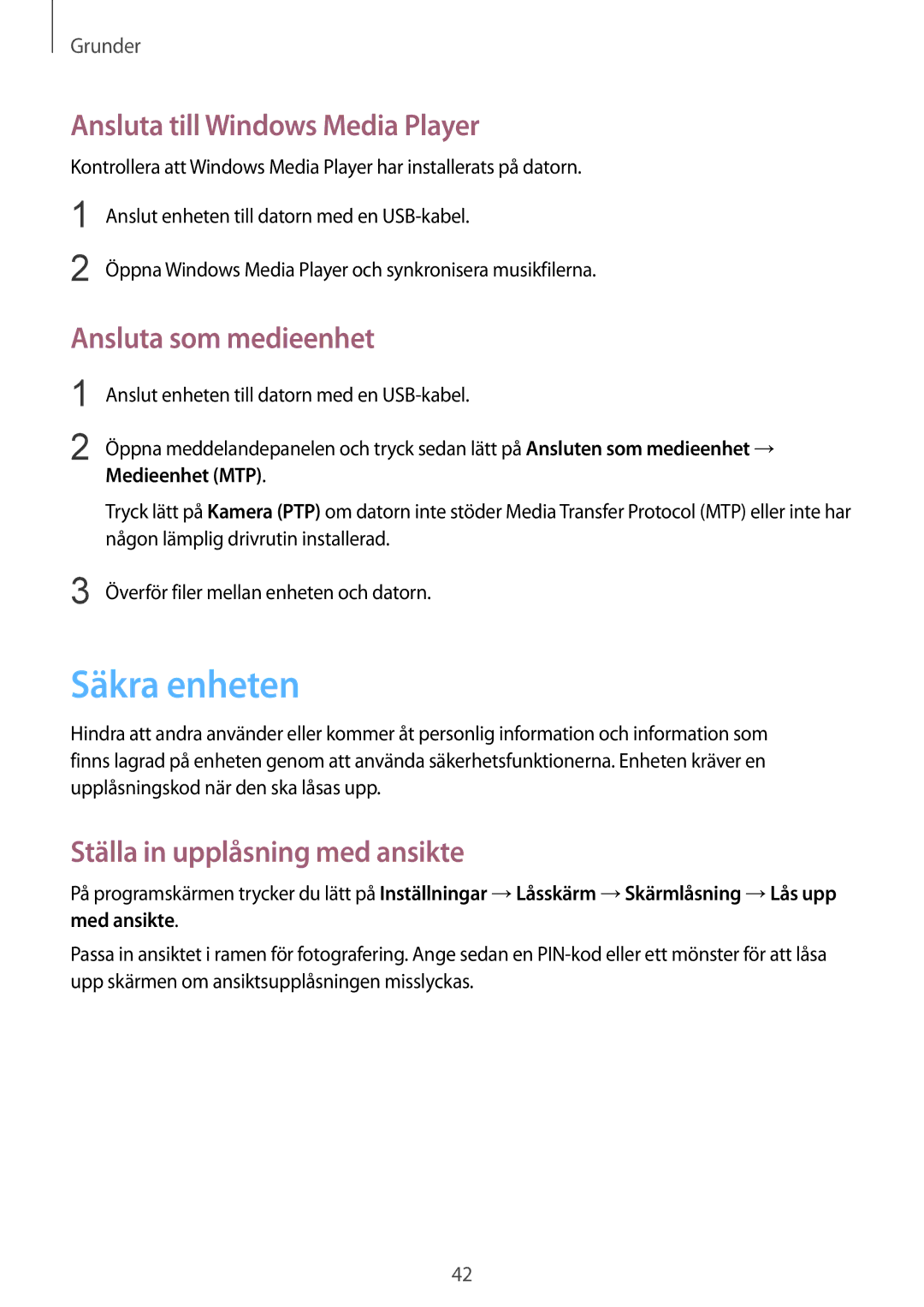 Samsung GT-N5120NKANEE manual Säkra enheten, Ansluta till Windows Media Player, Ansluta som medieenhet, Medieenhet MTP 